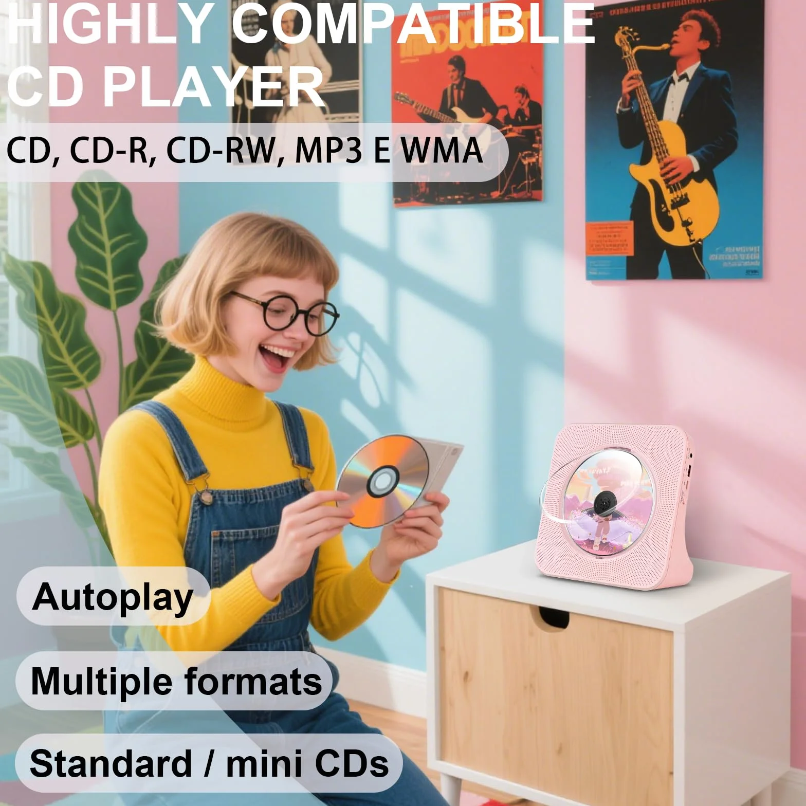 Lecteur CD Bluetooth Portable HiFi avec Télécommande Rose