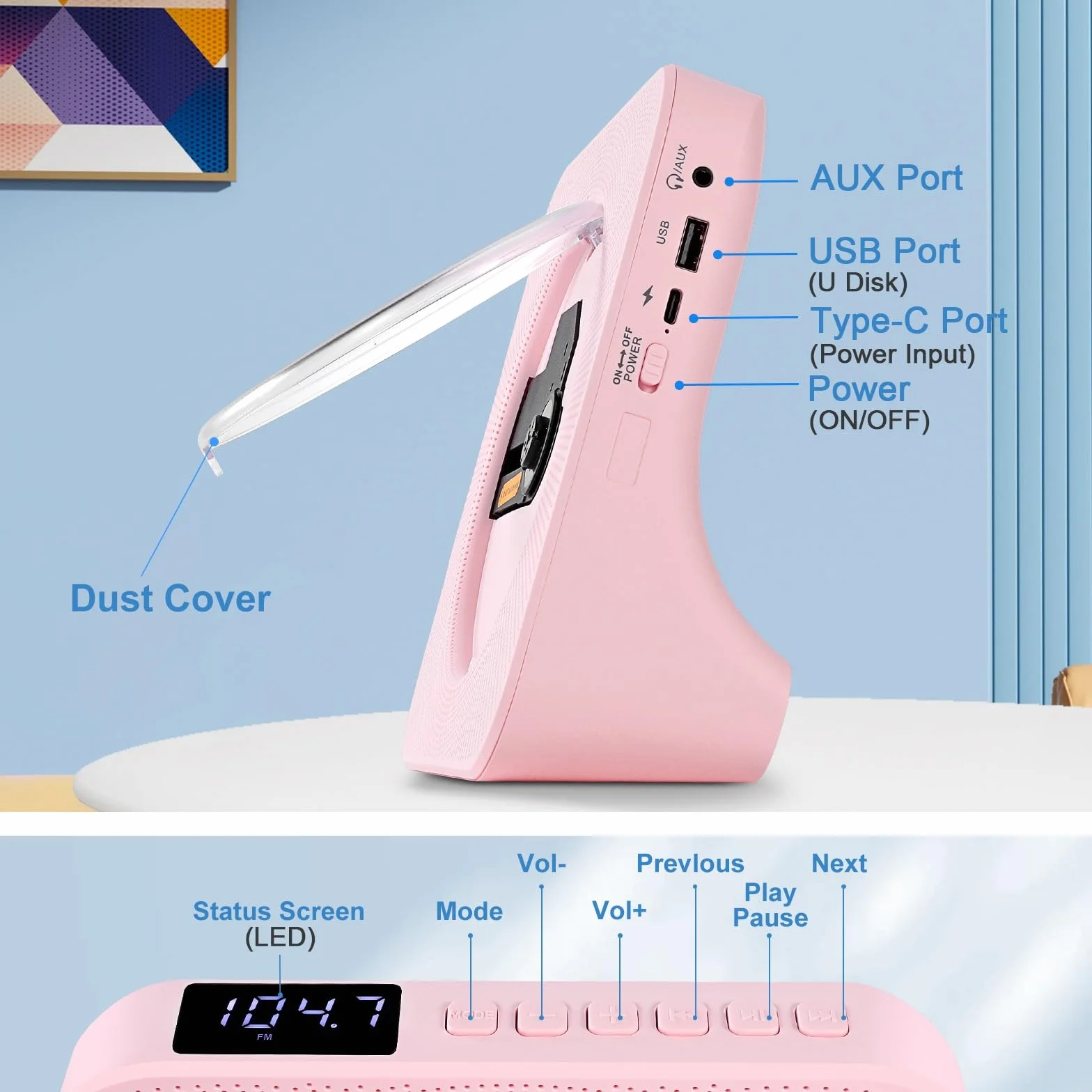 Lecteur CD Bluetooth Portable HiFi avec Télécommande Rose