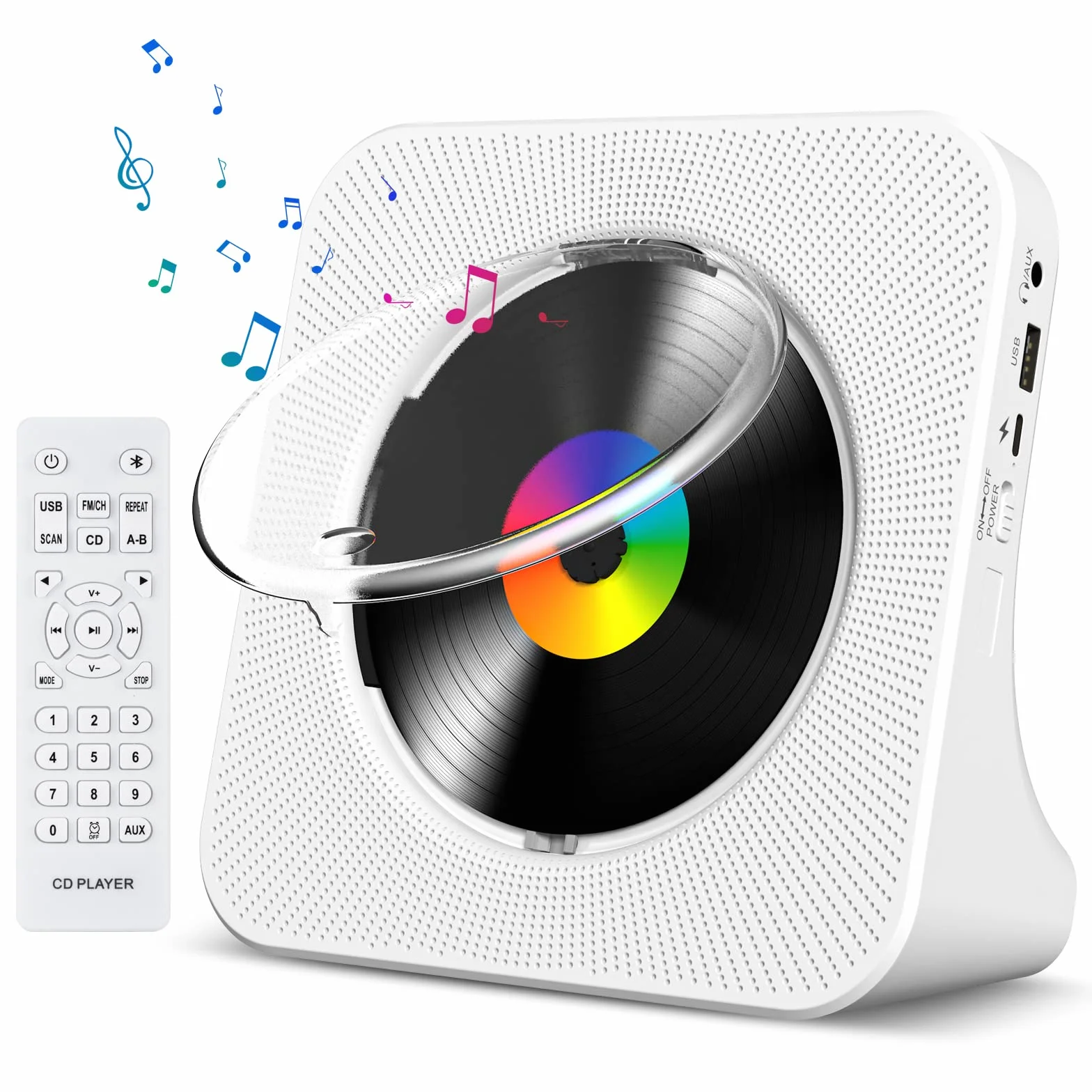 Lecteur CD de Bureau avec Bluetooth Gueray Haut-parleurs HiFi Intégrés Écran LED Radio FM USB Type-c MP3 Blanc