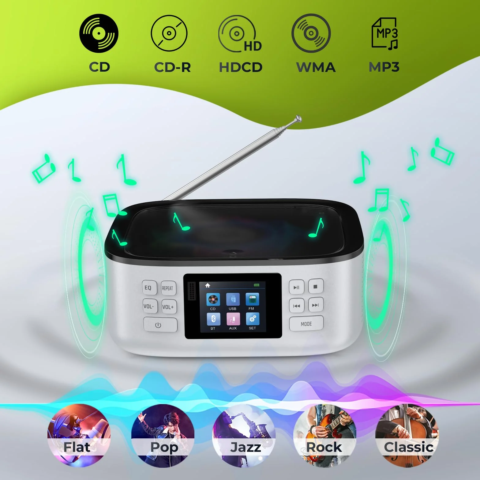 ARAFUNA Lecteur CD Portable Bluetooth Rechargeable avec Haut-parleurs, Radio FM, USB, AUX, écran LED Couleur, télécommande