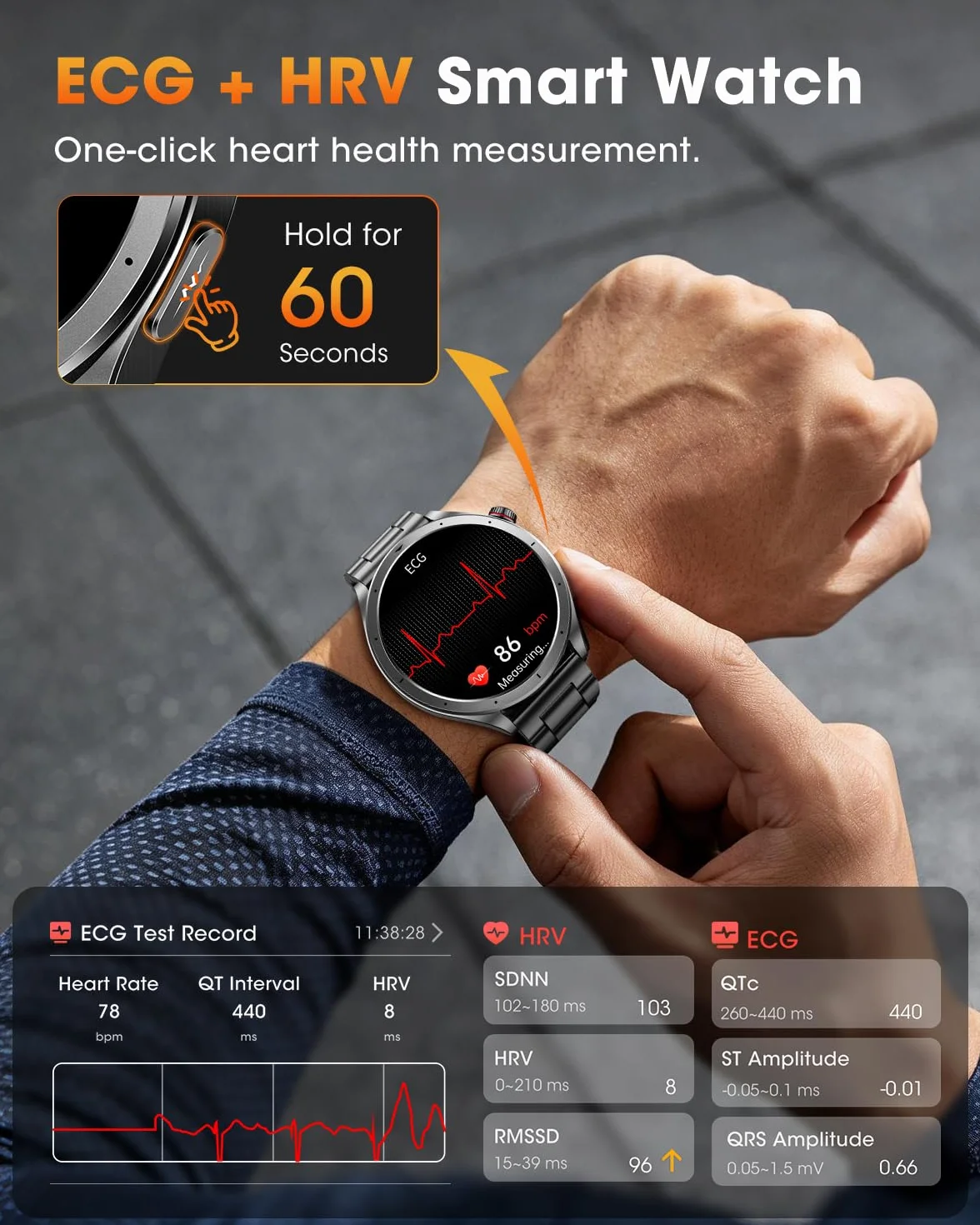 Montre Connectée Homme ECG+HRV Smartwatch Tension Artérielle Fréquence Cardiaque 5ATM Étanche Noir