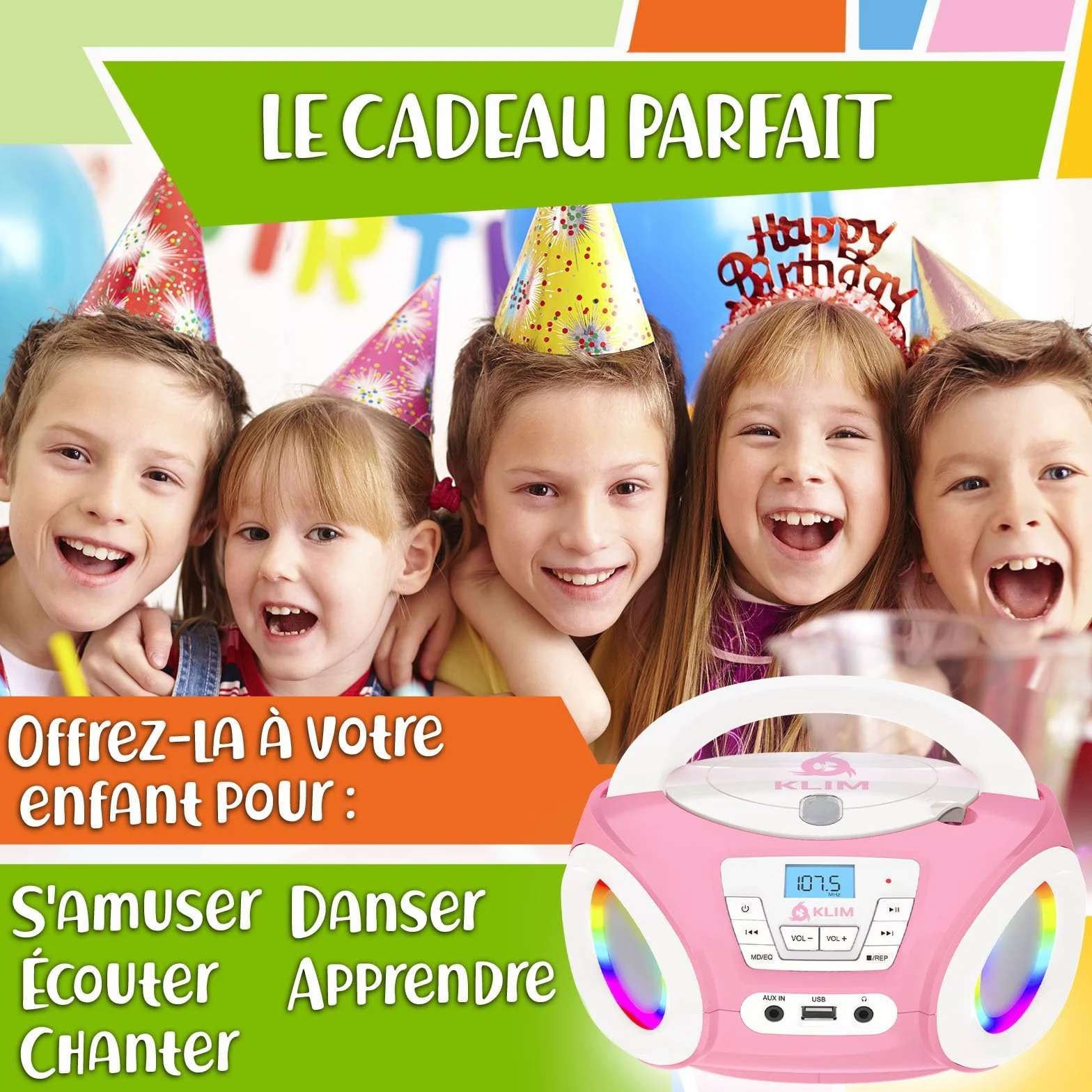 KLIM Candy Lecteur CD Enfant Radio FM Rose avec Haut-parleurs