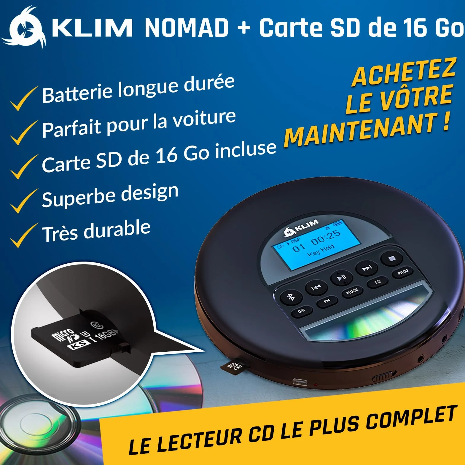 KLIM Nomad Lecteur CD Portable Bluetooth avec Batterie Intégrée, Compatible CD-R/CD-RW/MP3, Noir