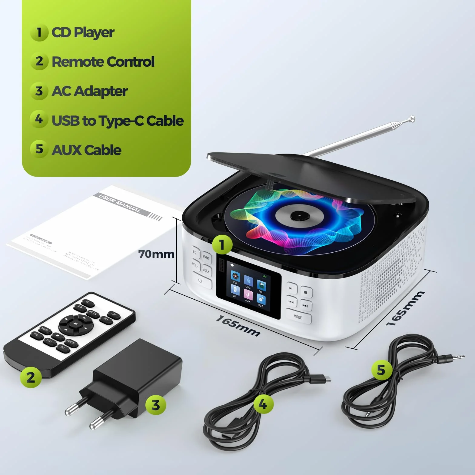 ARAFUNA Lecteur CD Portable Bluetooth Rechargeable avec Haut-parleurs, Radio FM, USB, AUX, écran LED Couleur, télécommande