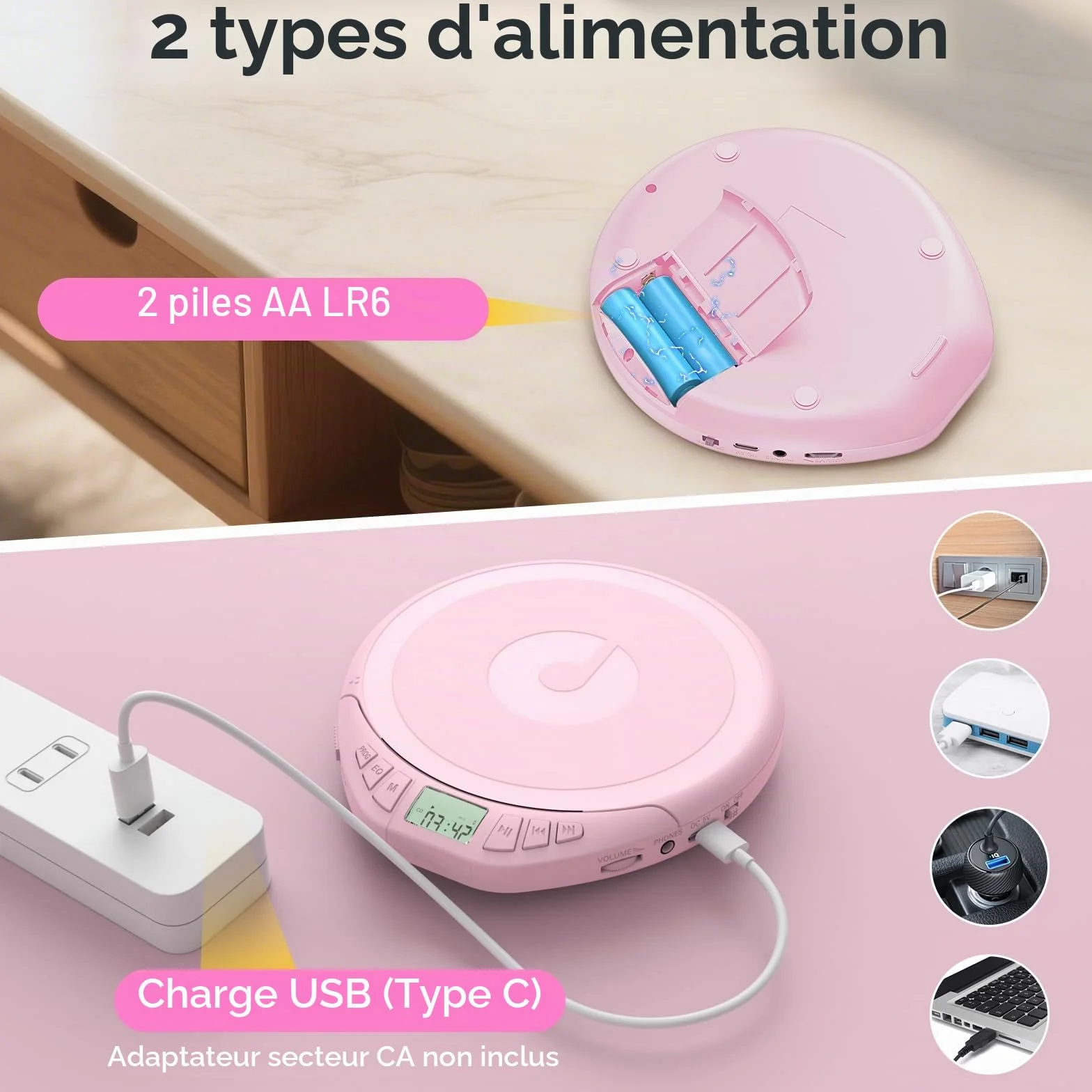 Gueray Lecteur CD Portable avec Casque Écran LCD Protection Anti-Saut Lecture HiFi Rose