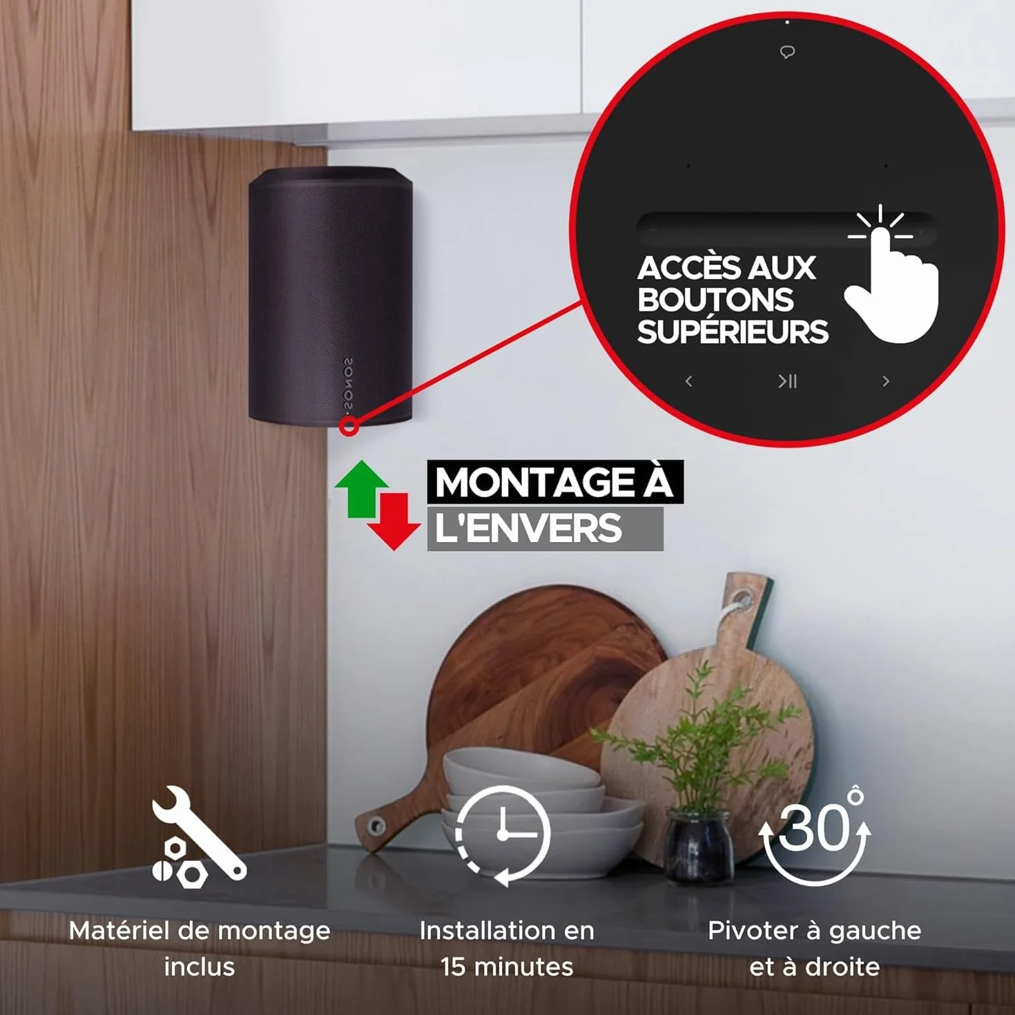 Support Mural d’Angle Era 100 pour Sonos ERA100 & Era 100 SL, Profil Bas Noir, Kit de Montage Inclus
