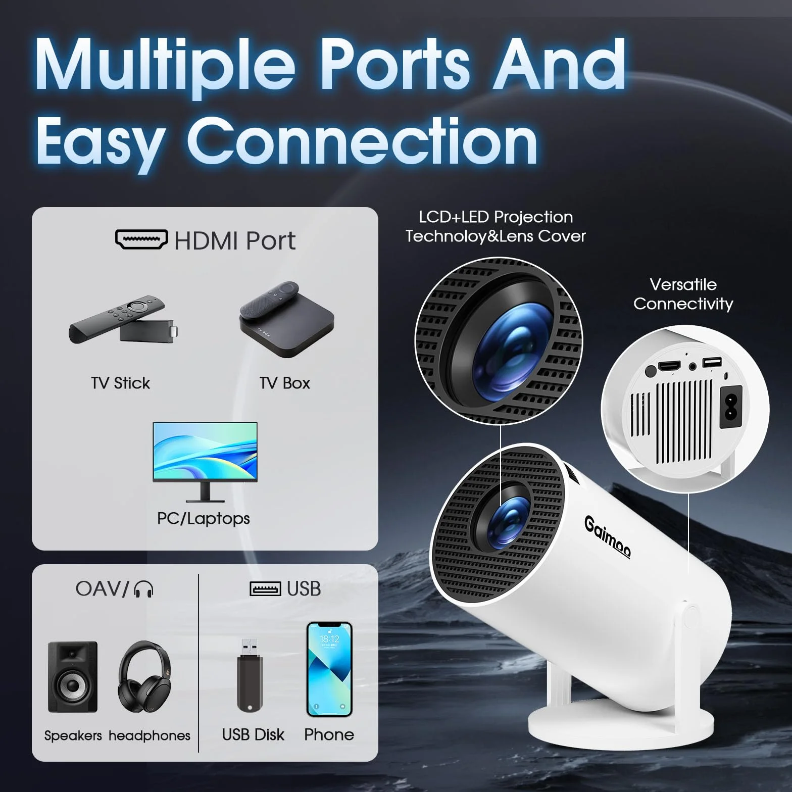 Vidéoprojecteur Portable Mini Projecteur WiFi 6 BT5.2 4K 1080P Auto Keystone 180° Rotation HDMI