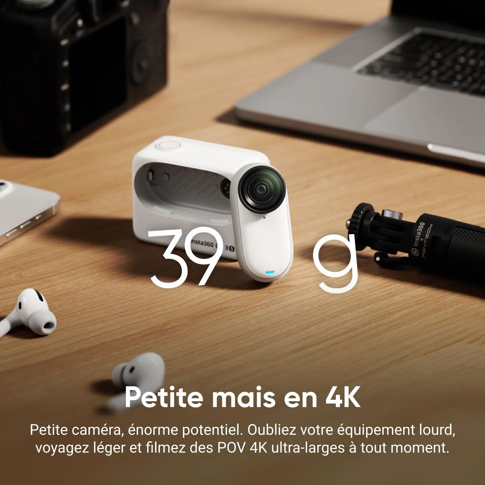 Insta360 GO 3S Noir Minuit 128GB Caméra de Vlog 4K POV Mains Libres Stabilisation 140 Min Autonomie Étanche 10m Édition IA