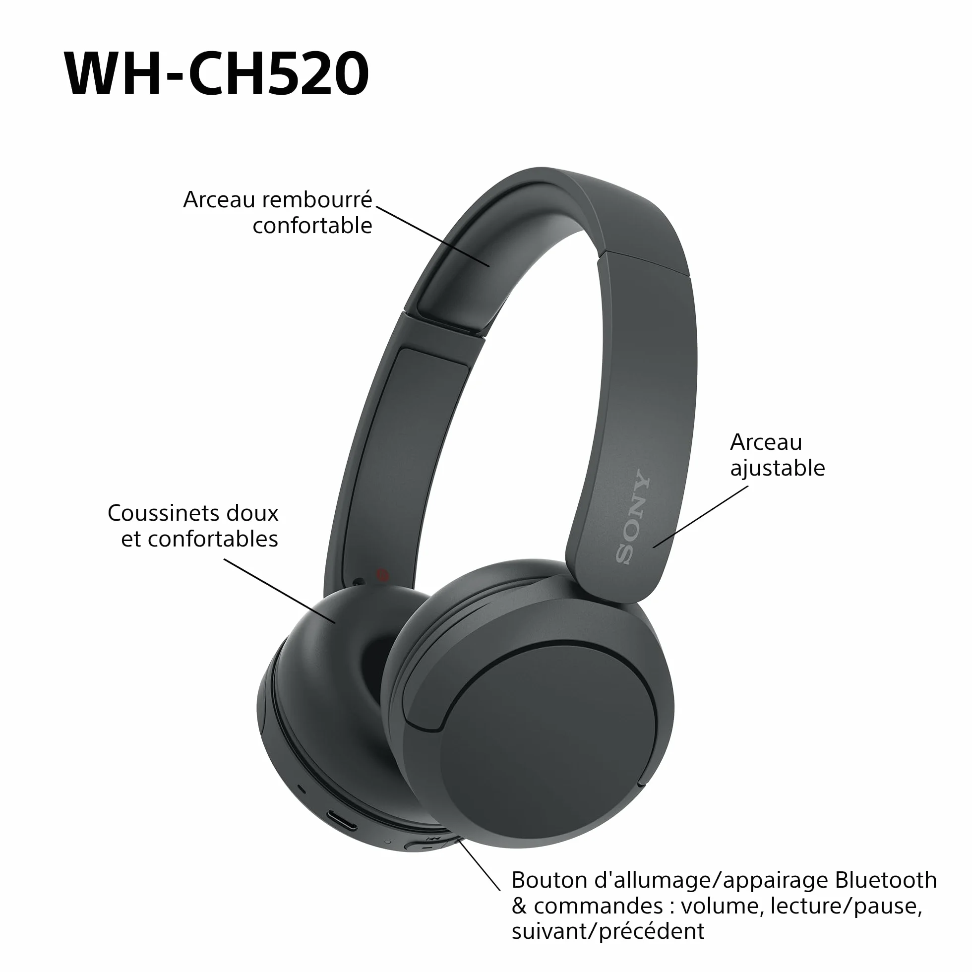 Casque Bluetooth sans Fil Sony WH-CH520, Multipoint, Micro intégré, 50 Heures Autonomie, Charge Rapide, Noir