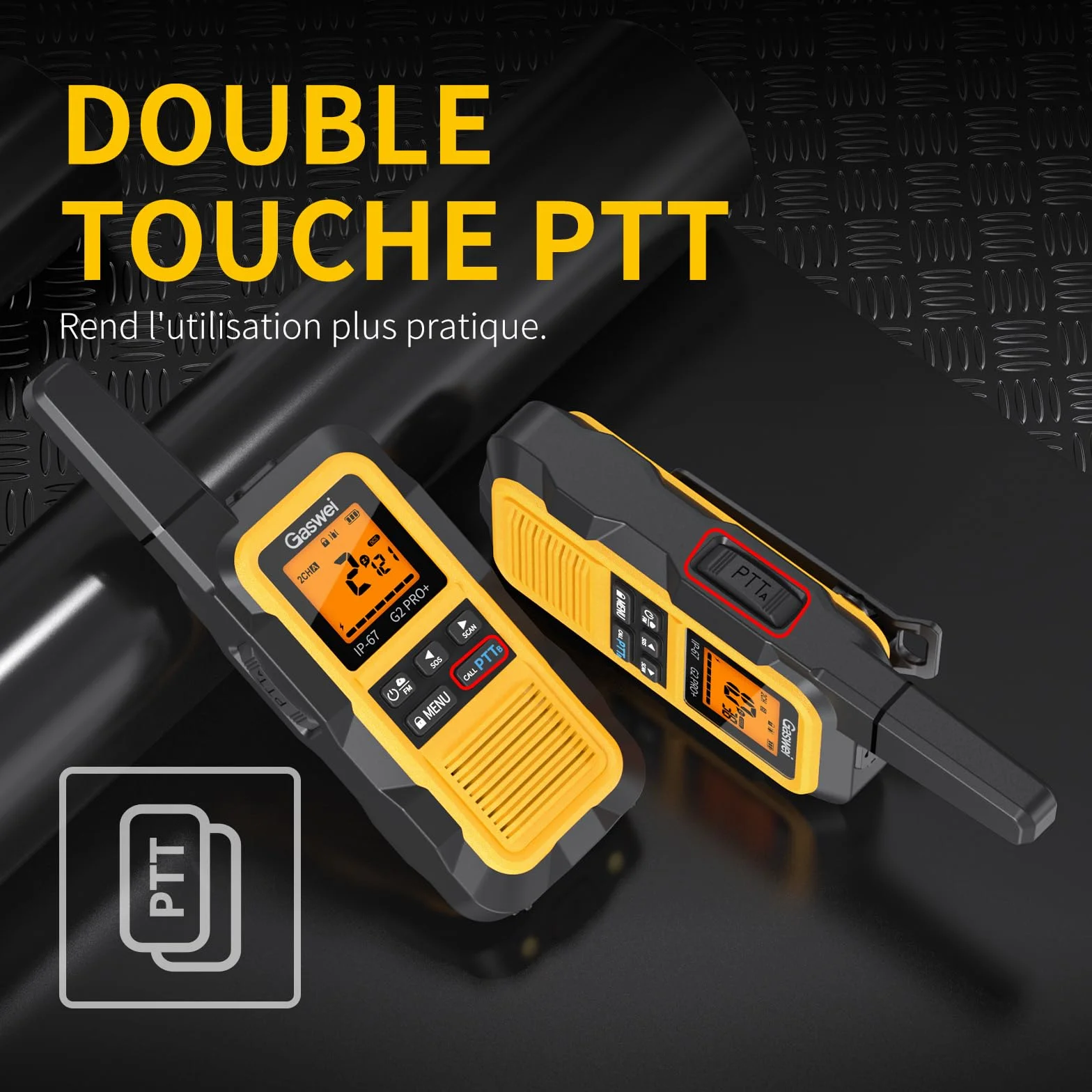 GASWEI G2Pro Talkie walkie Professionnel IP67 PMR446 Longue portée Double PTT VOX SOS Alerte Radio FM USB Chargeur 1800 mAh Lot de 2 Gelb
