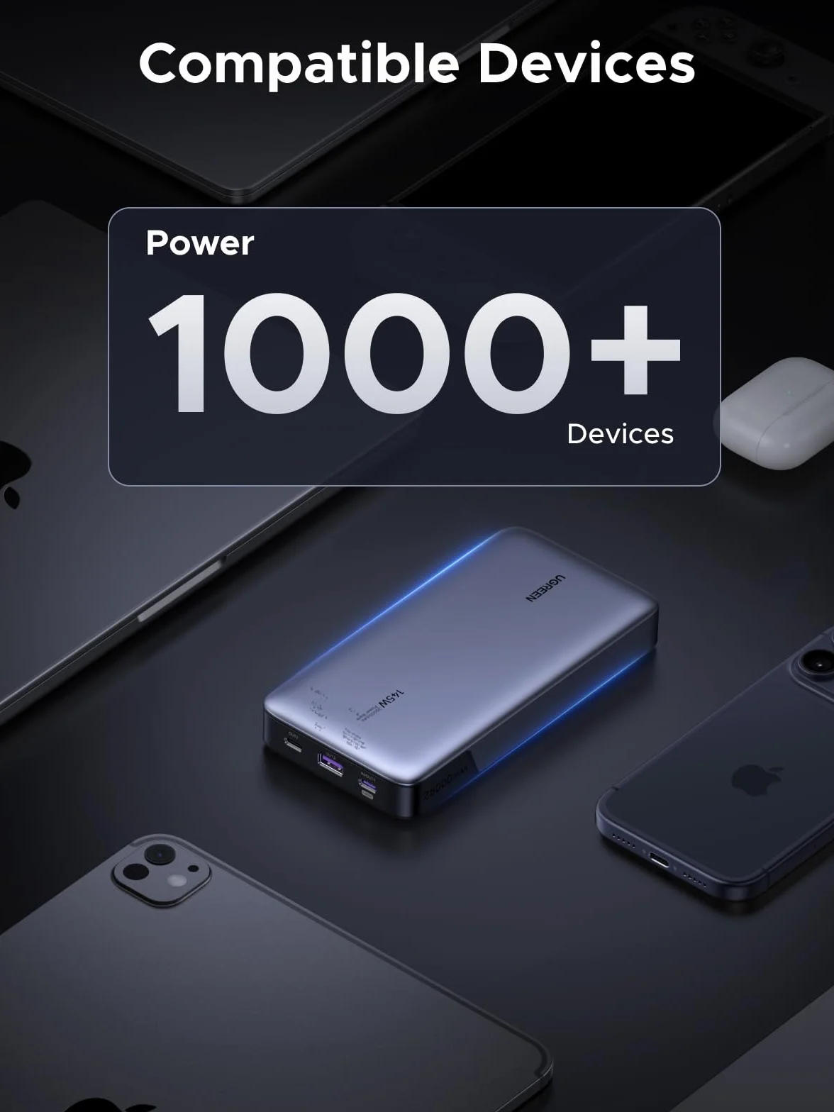 UGREEN Nexode 145W Power Bank 25000mAh USB C PD3.1 140W 3 Ports Chargeur Portable PC LED