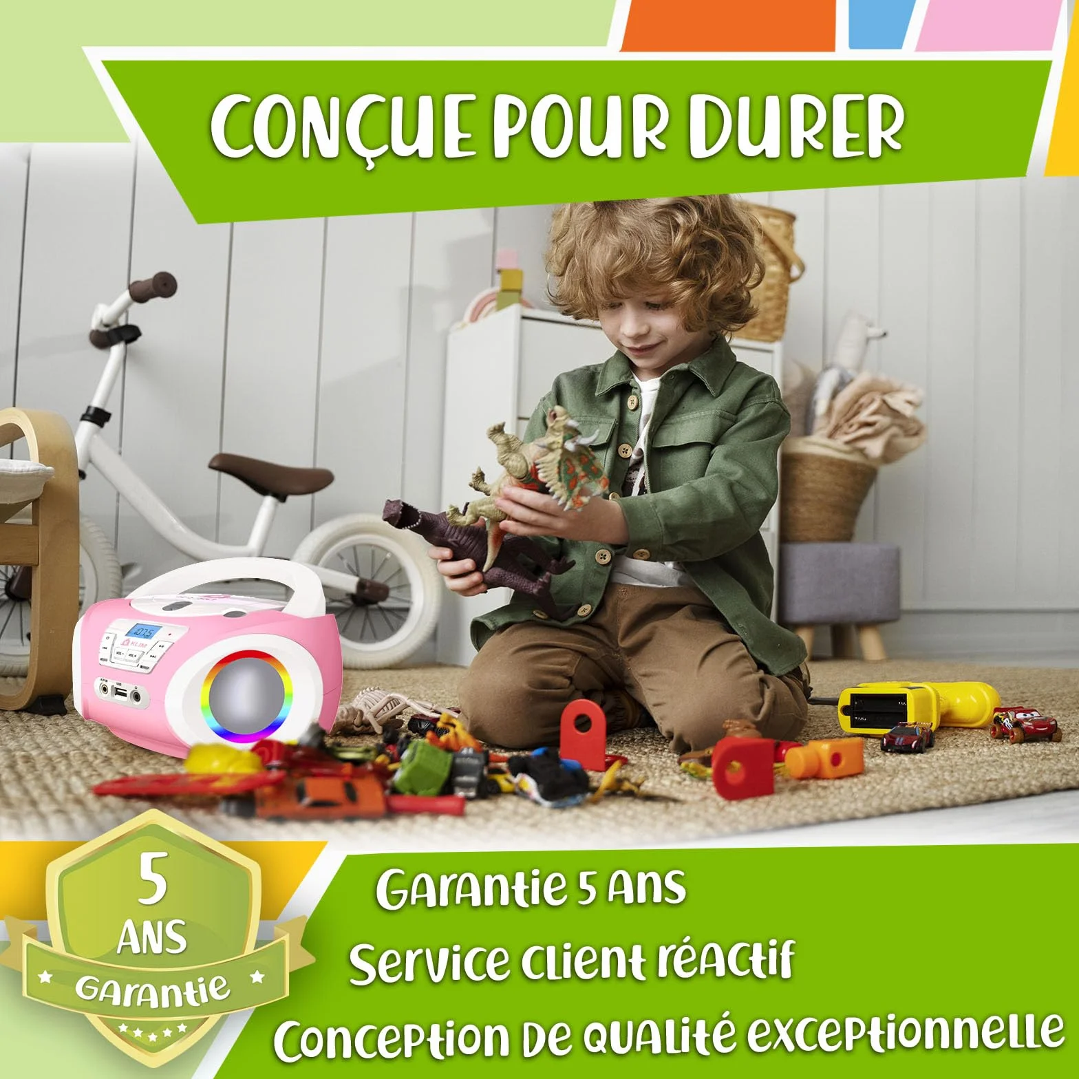 KLIM Candy Lecteur CD Enfant Radio FM Rose avec Haut-parleurs