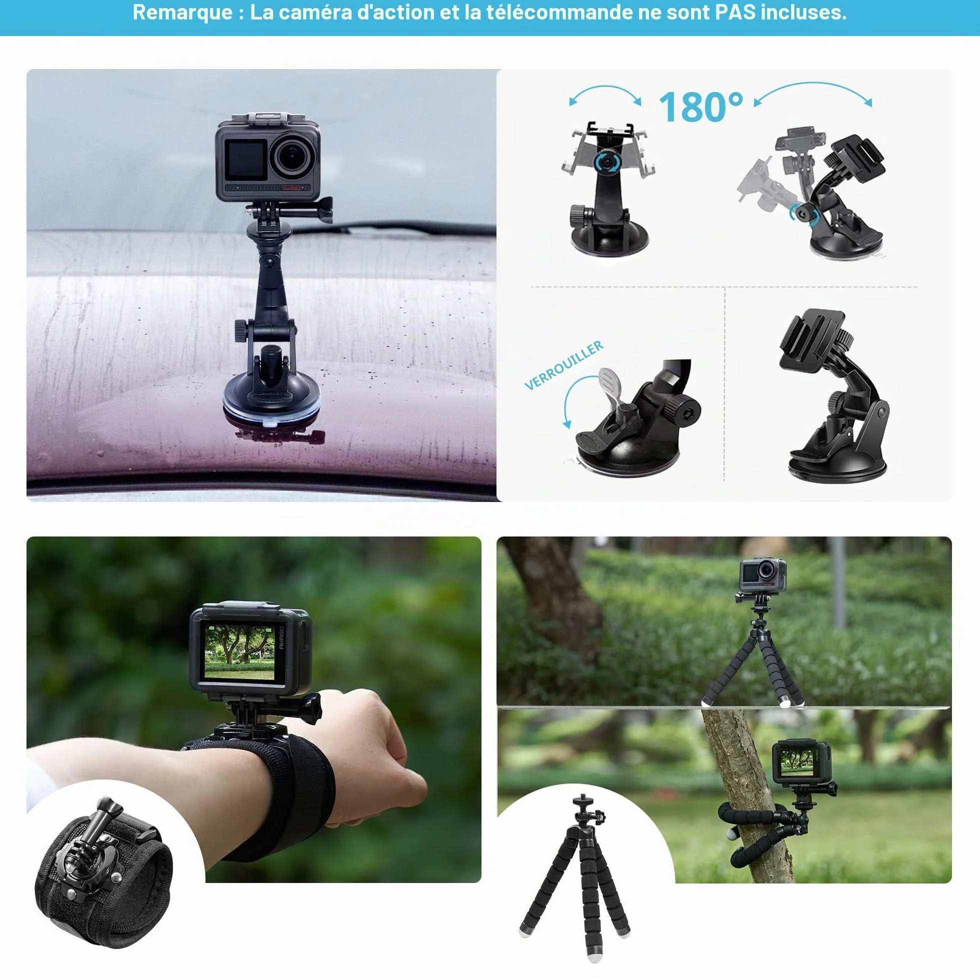AKASO Kit d'accessoires pour caméra d'action 60 en 1 avec Sac de Collecte Compatible EK7000 EK7000 Pro Brave 4 Brave 7 Le Brave 7 V50X V50 Pro V50 Elite GoPro Hero 11 10 9 8 7 DJI Apexcam