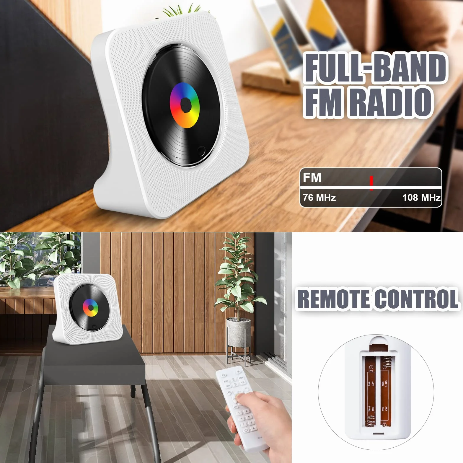 Lecteur CD de Bureau avec Bluetooth Gueray Haut-parleurs HiFi Intégrés Écran LED Radio FM USB Type-c MP3 Blanc