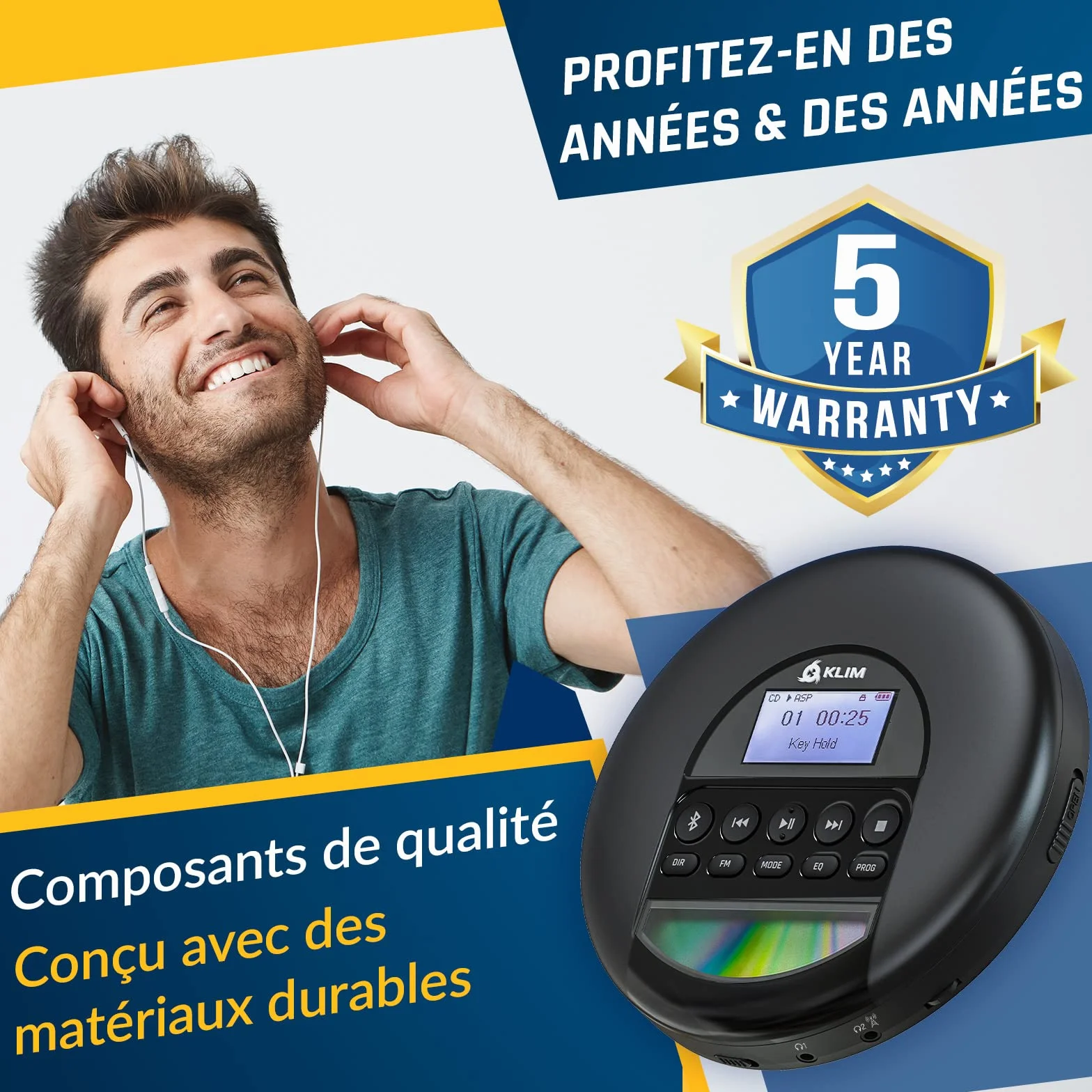 KLIM Nomad Lecteur CD Portable Bluetooth avec Batterie Intégrée Longue Durée - Compatible CD-R, CD-RW, MP3 - Noir