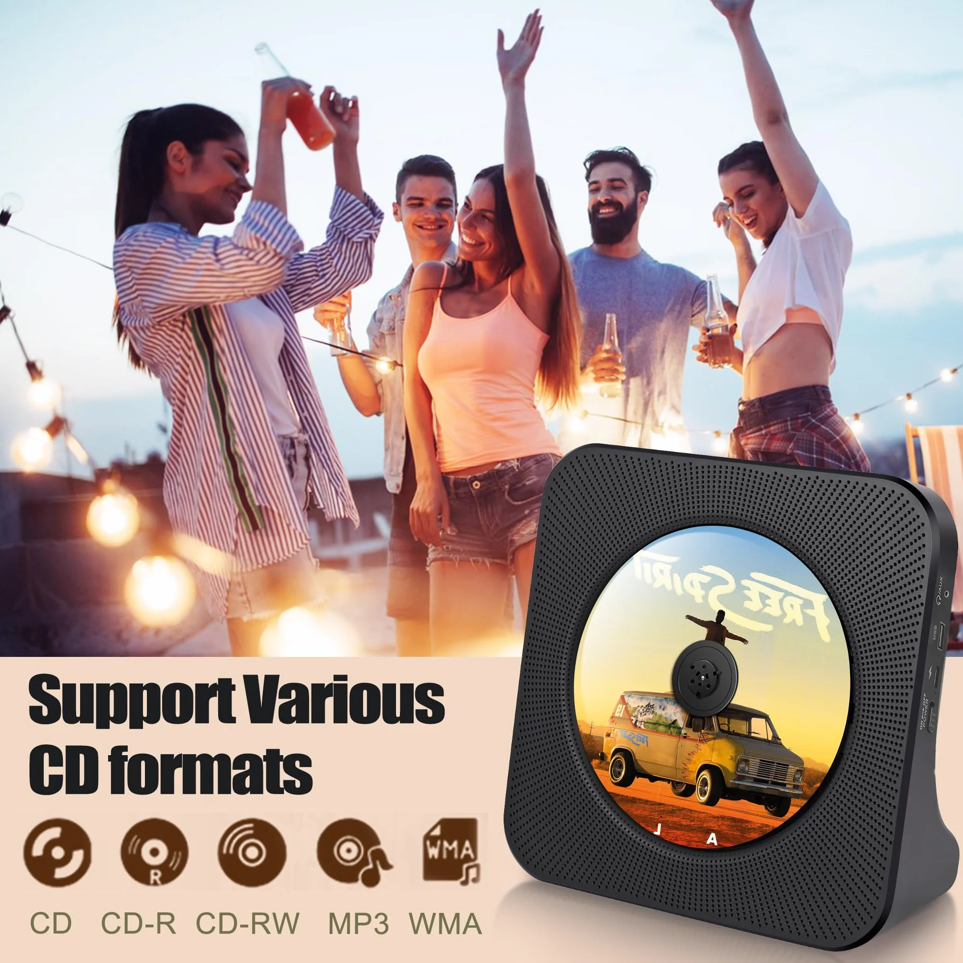 Lecteur CD Portable Bluetooth 4000mAh Rechargeable Voiture HiFi avec Télécommande USB AUX FM Radio Noir