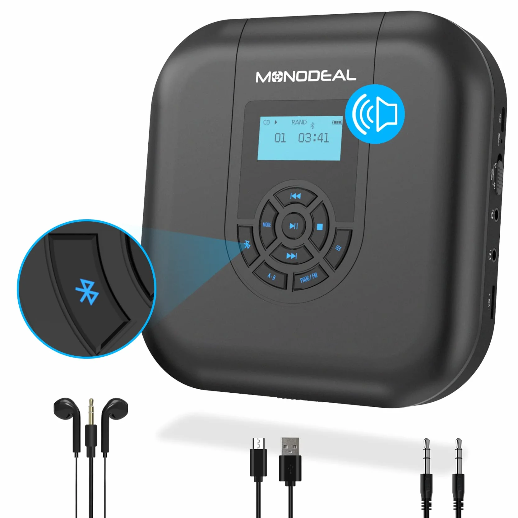 MONODEAL lecteur portable Bluetooth rechargeable avec haut-parleur et émetteur FM CD voiture
