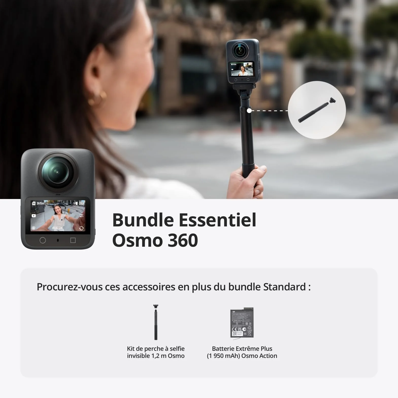 DJI Osmo 360 Bundle Essentiel, Caméra 360° 1 Pouce 8K Native, Perche Selfie Invisible 1,2m, 2 Batteries