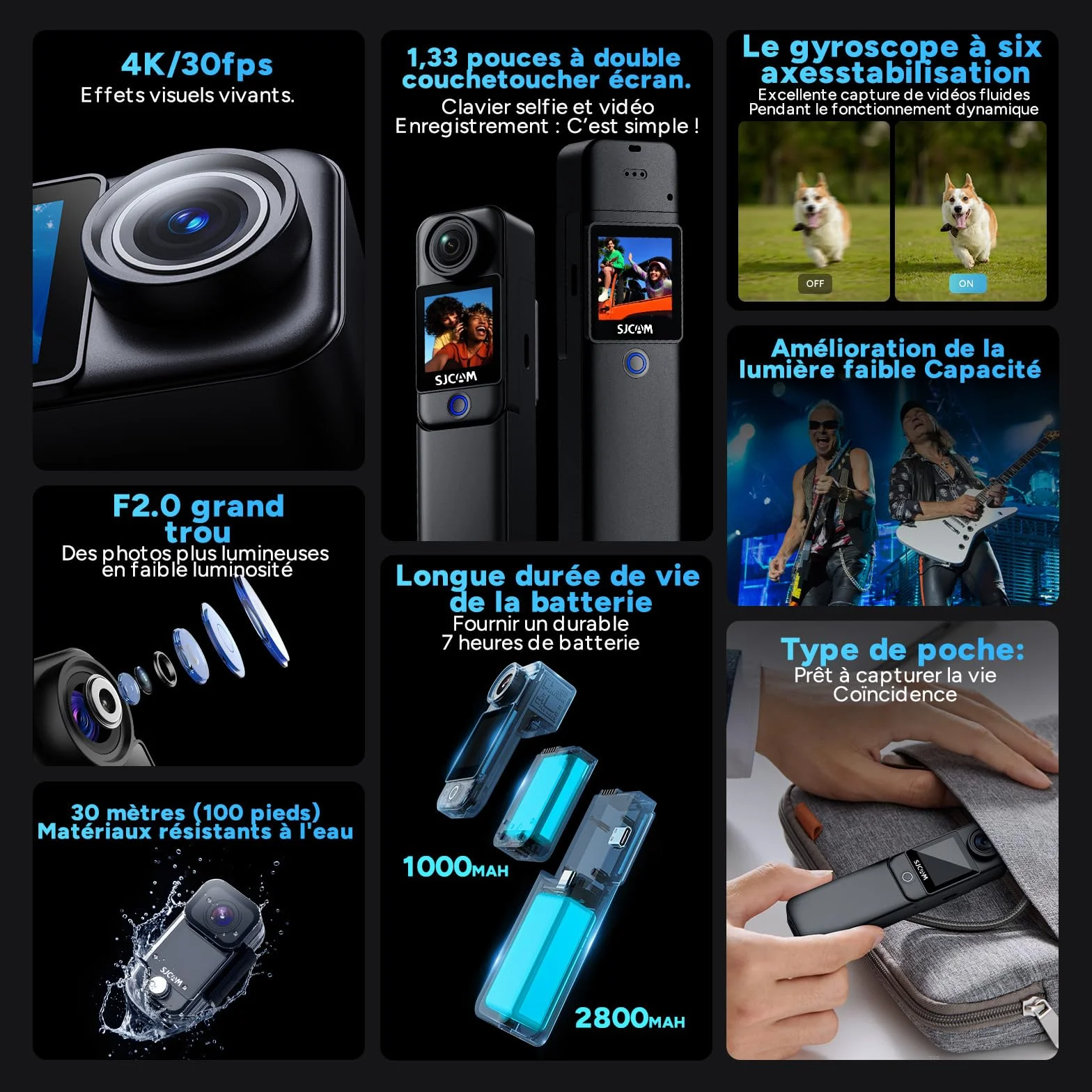 SJCAM C300 Caméra Sport 4K 64G Noir Double Écran Tactile Stabilisation 6 Axes 460 Min Autonomie