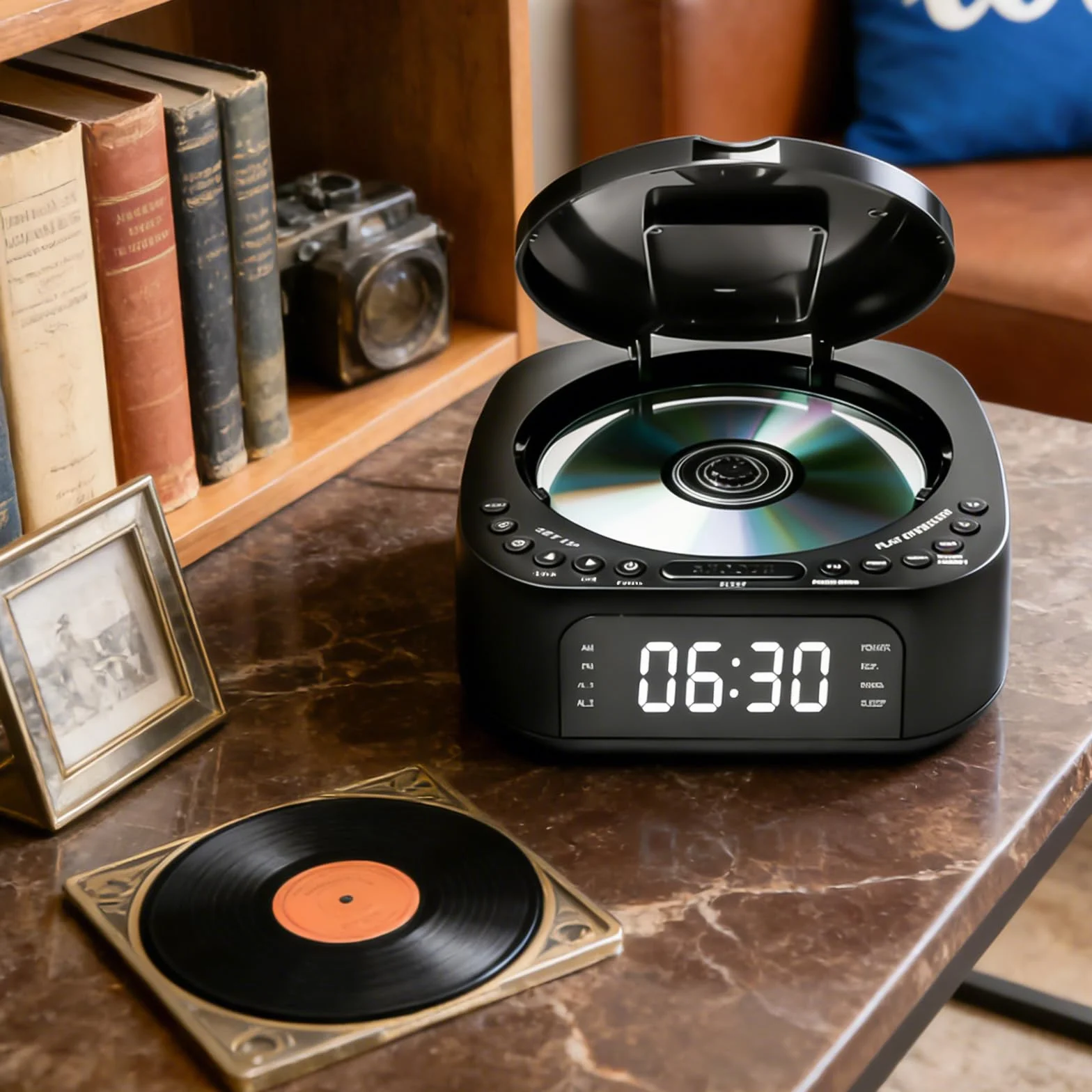 Lecteur CD portable Bluetooth radio FM MP3 double haut-parleur stéréo réveil SleepTimer rechargeable USB AUX grand écran télécommande noir