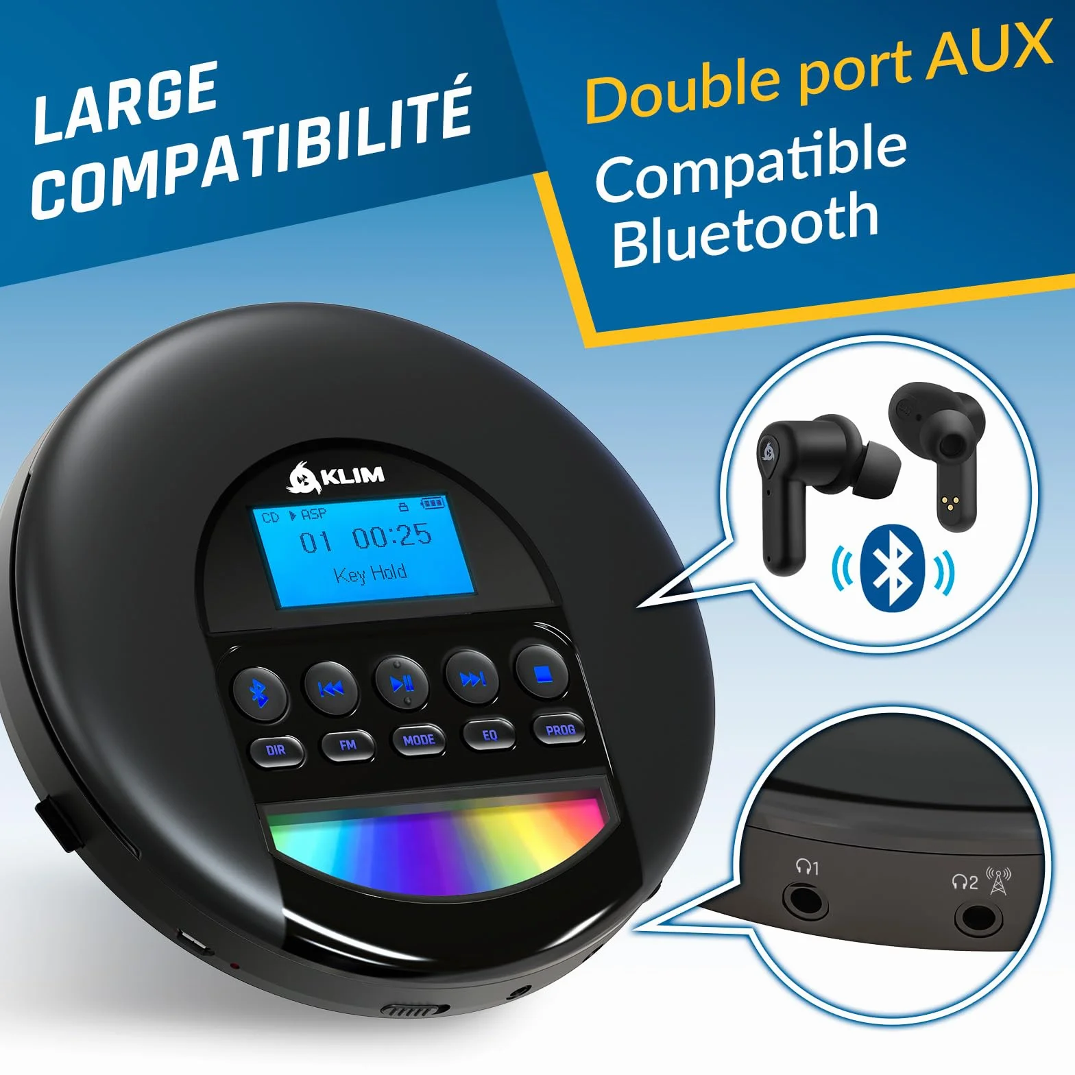 KLIM Nomad Lecteur CD Portable Bluetooth avec Batterie Intégrée, Compatible CD-R/CD-RW/MP3, Noir