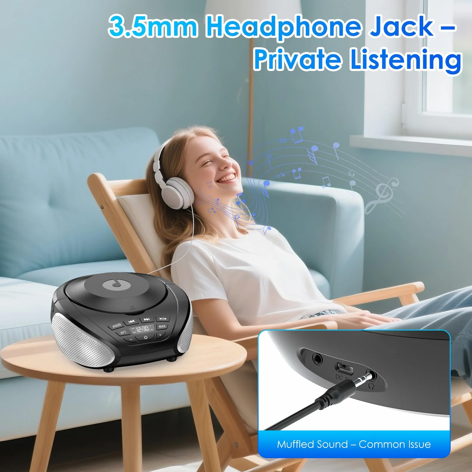 Lecteur CD Portable Boombox Radio FM Stéréo avec Entrée AUX 3,5 mm Jack Casque Écran LCD Noir Argent