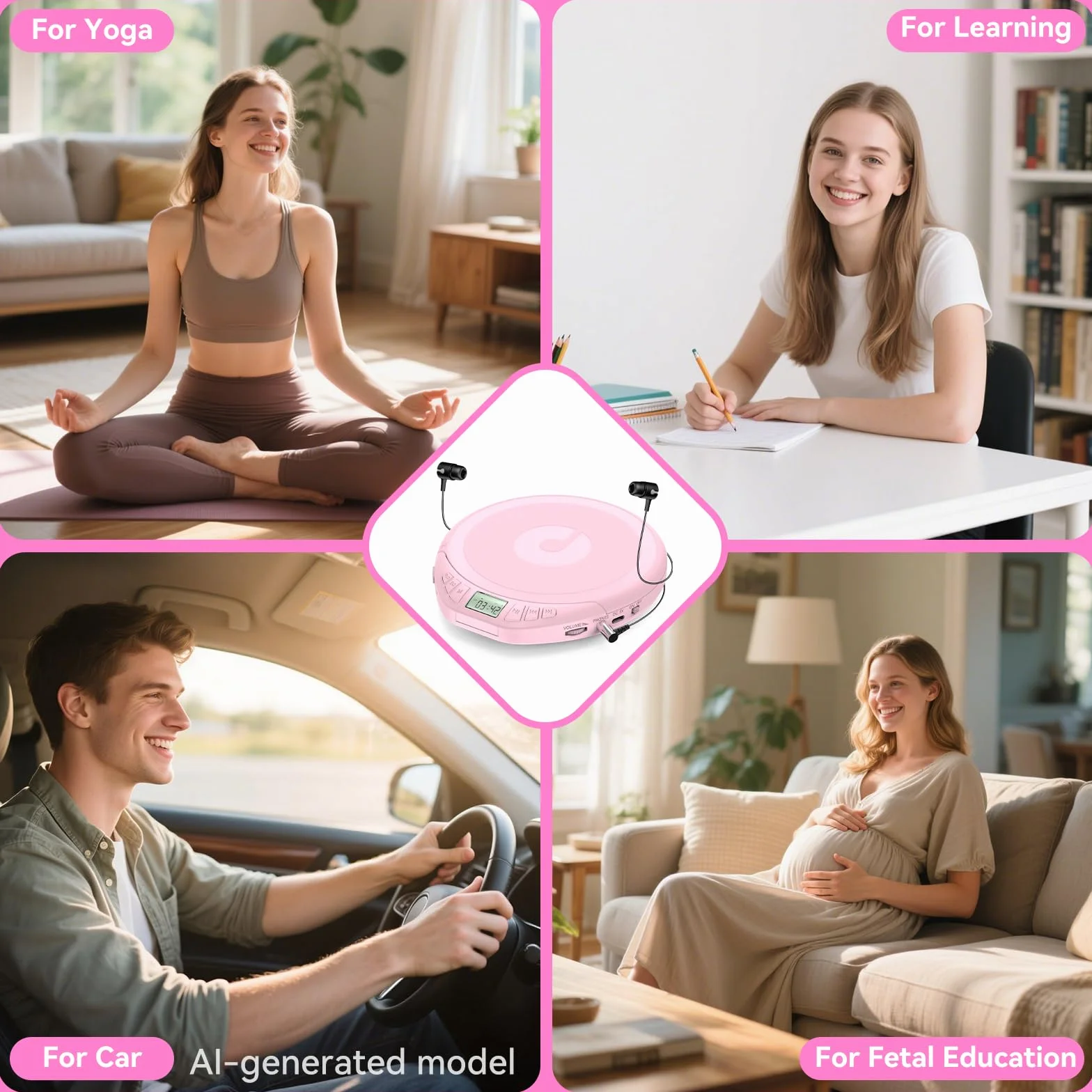 Gueray Lecteur CD Portable avec Casque Écran LCD Protection Anti-Saut Lecture HiFi Rose