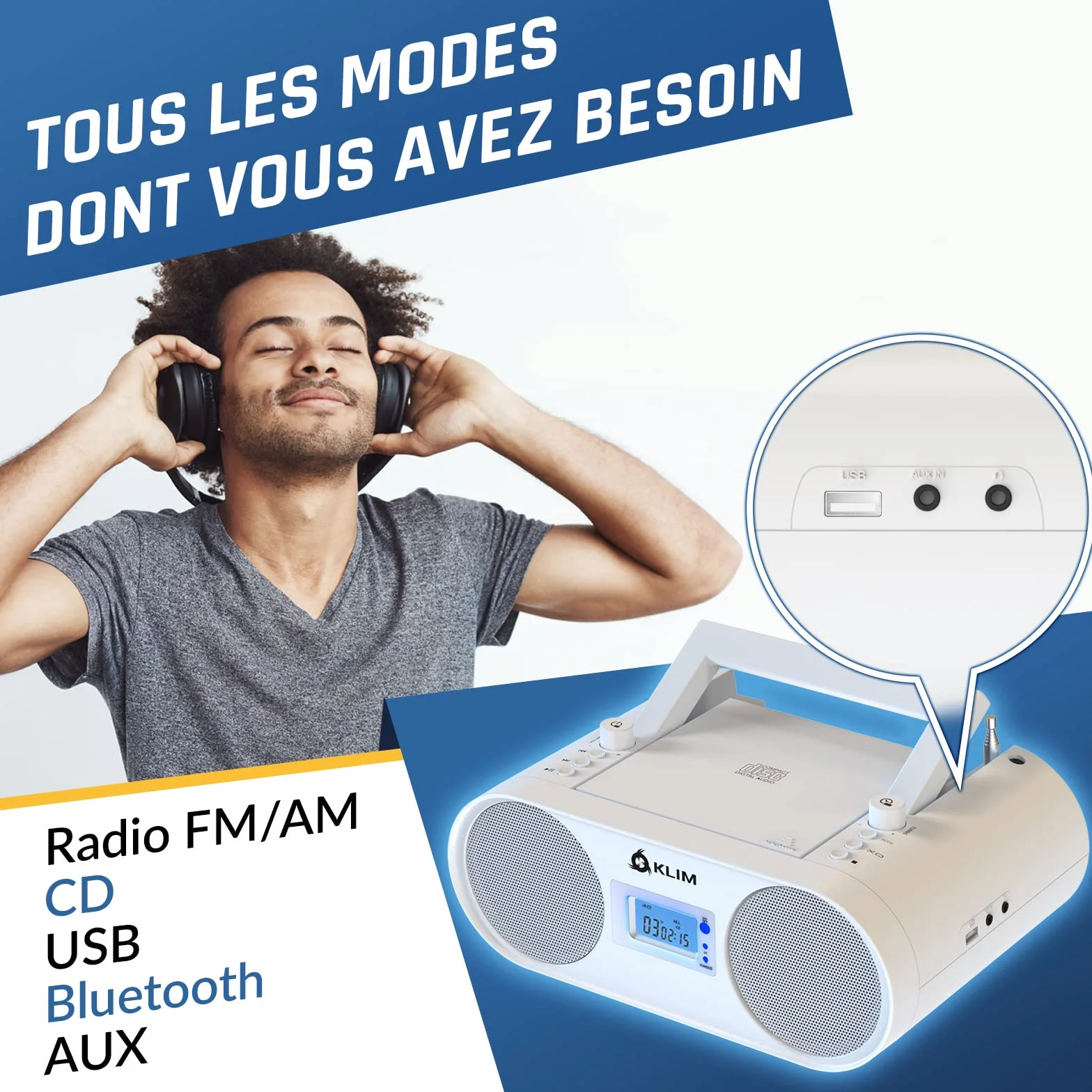 KLIM Boombox B4 Radio CD Portable AM/FM Bluetooth USB MP3 Filaire sans Fil Piles Rechargeables Télécommande Blanc