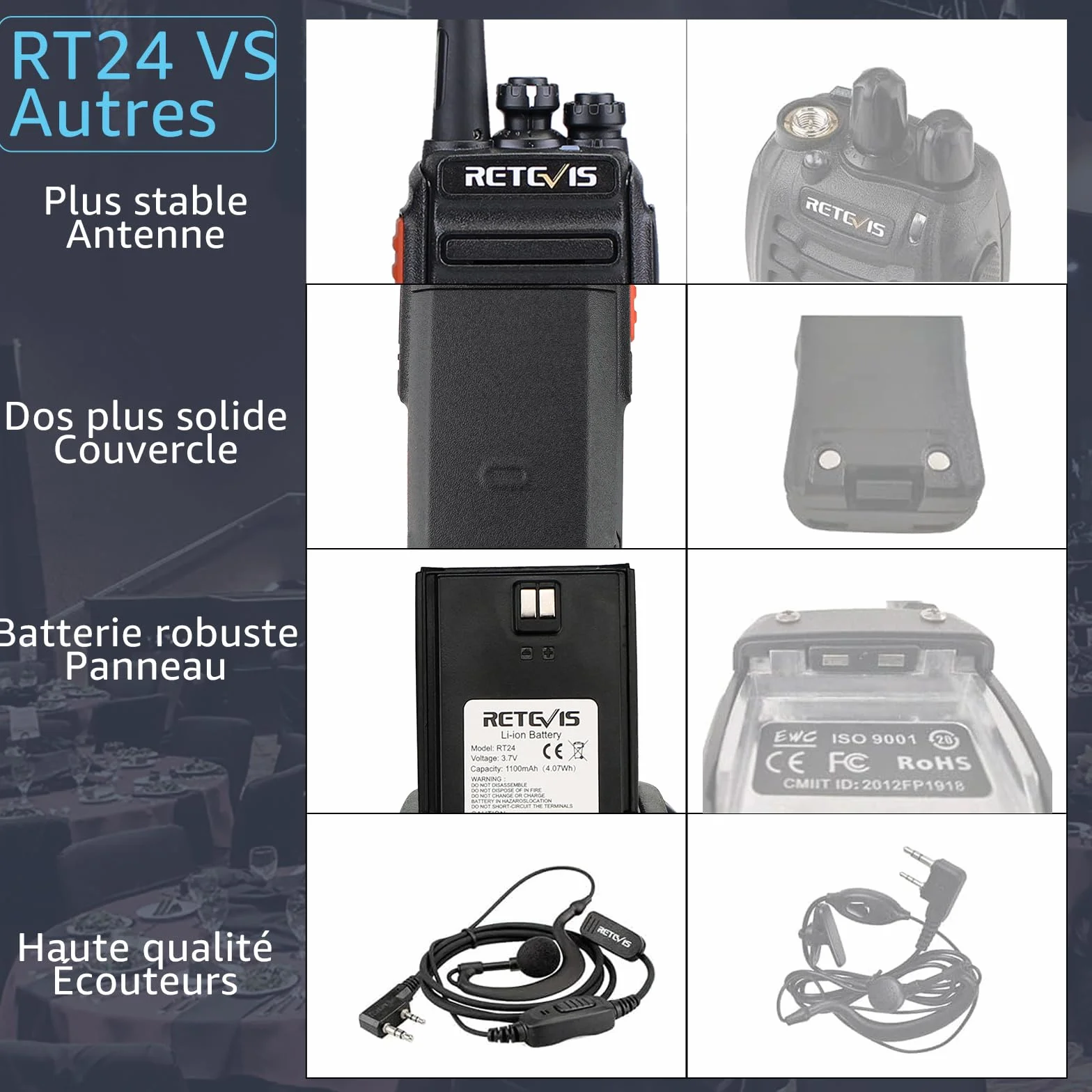Retevis RT24 Plus Talkie Walkie PMR446 Radio Portable Rechargeable Noir 1 Paire