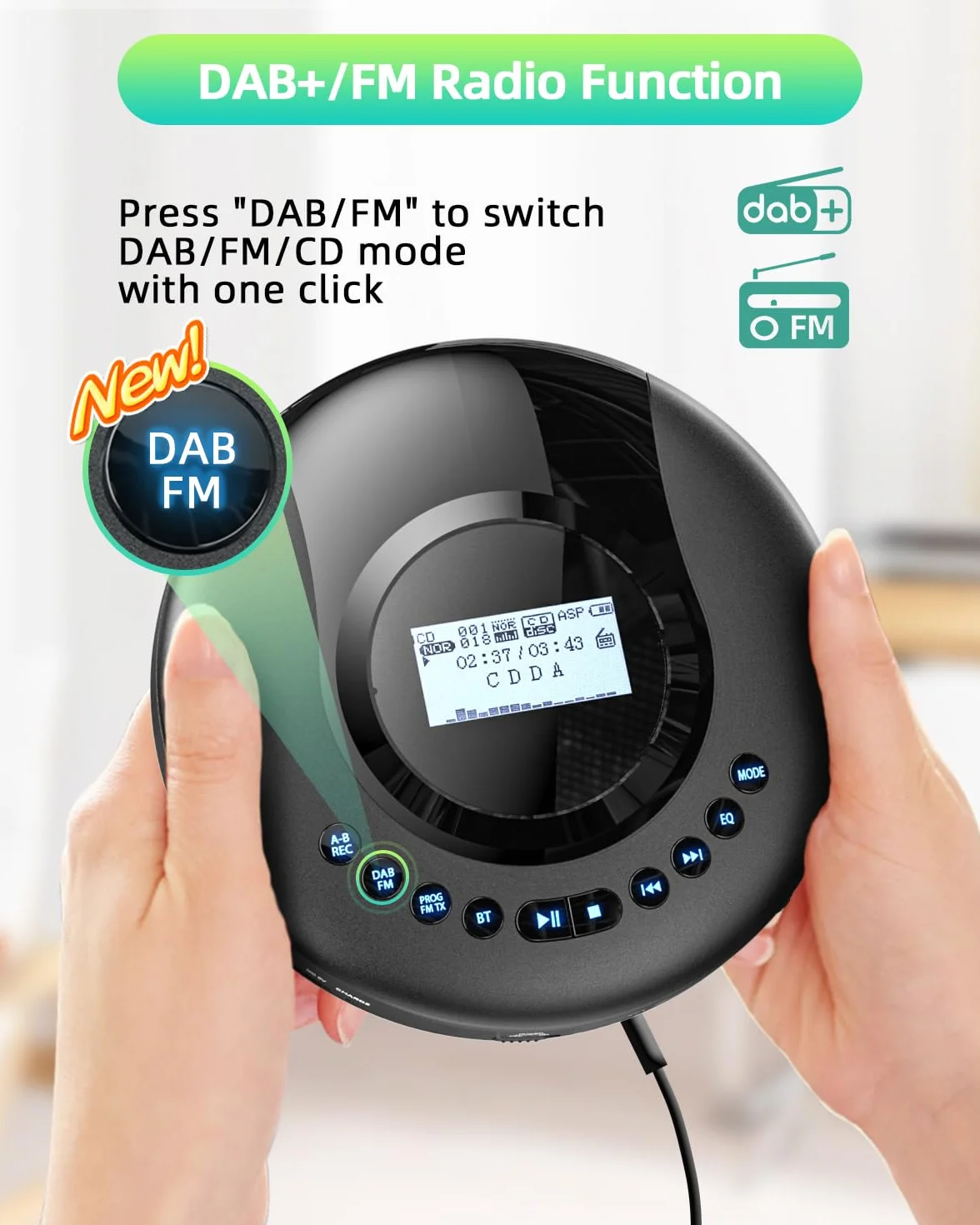 Arafuna Przenośny Odtwarzacz CD Bluetooth Radio DAB+/FM Antychokowy 2000 mAh Czarny