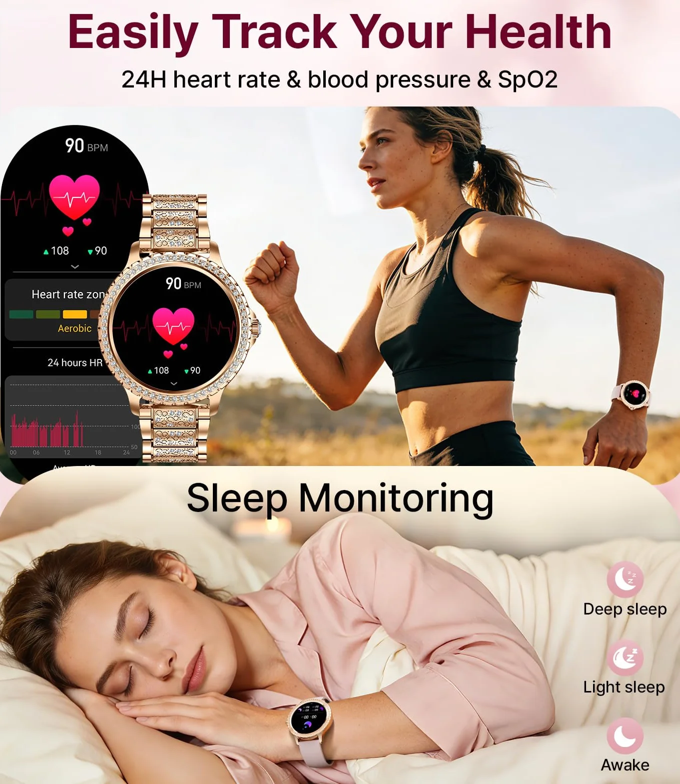 LIGE Montre Connectée Femme Bluetooth Appels Android iOS Sport Fitness Tracker 1,32" HD Fréquence Cardiaque Sommeil Smartwatch Rose Or