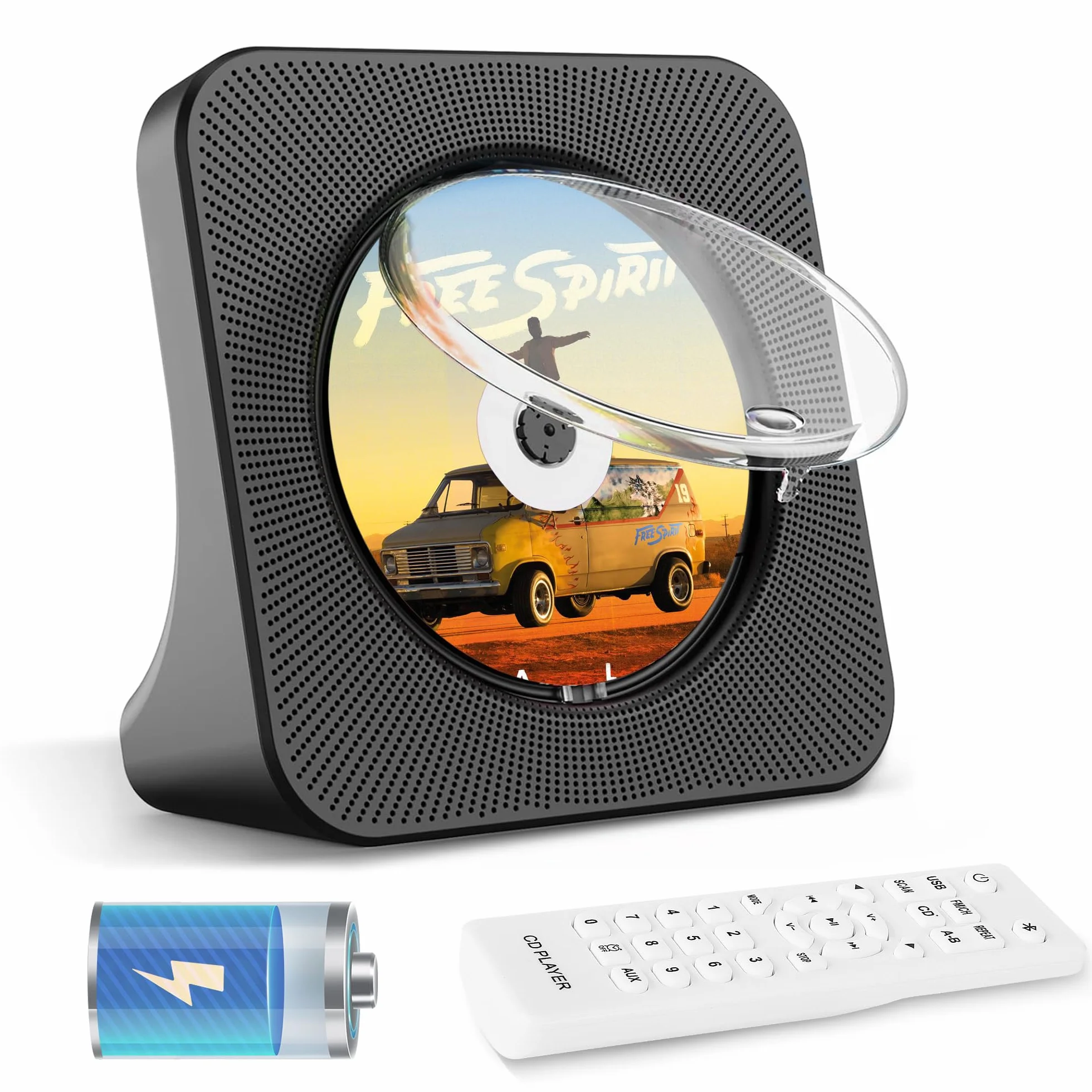 Lecteur CD Portable Bluetooth 4000mAh Rechargeable Voiture HiFi avec Télécommande USB AUX FM Radio Noir