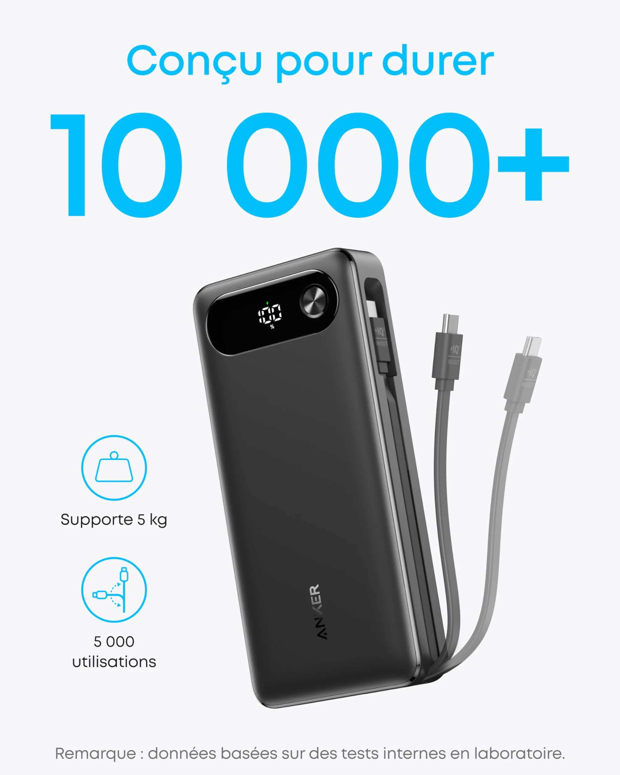 Anker Power Bank 20000 mAh 87W USB-C Intégré Charge Rapide Portable pour MacBook iPhone Samsung