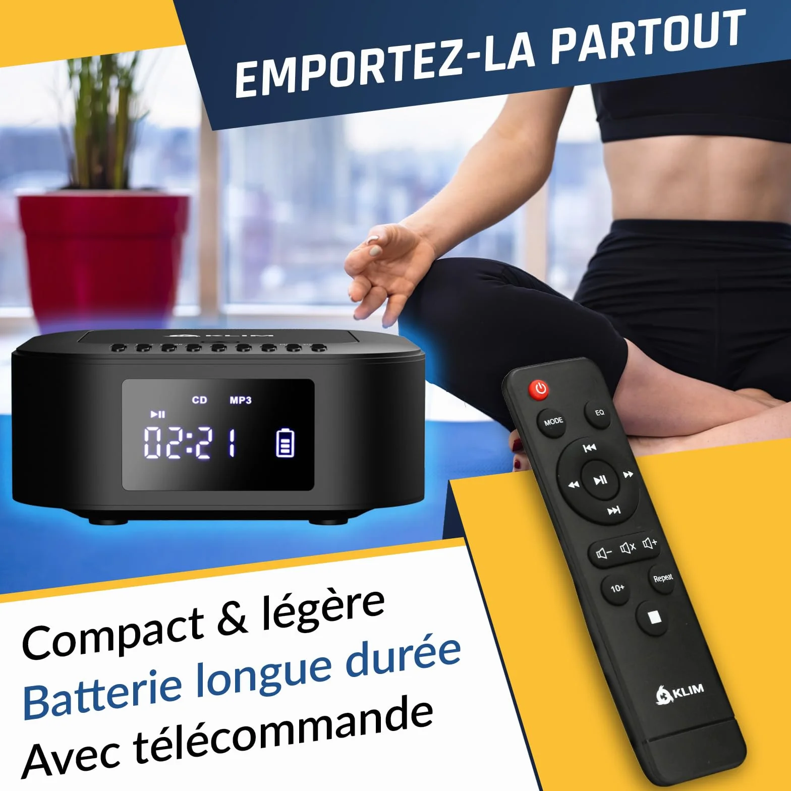 KLIM Boombox E1 Radio CD Portable Extra Bass Subwoofer FM Bluetooth USB MP3 avec Piles Rechargeables Télécommande