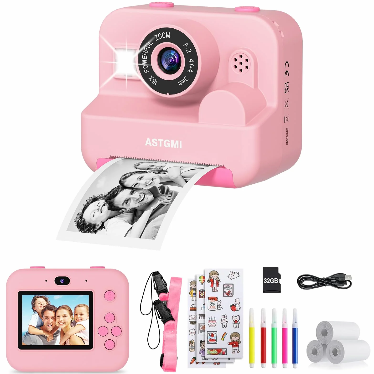 ASTGMI Appareil Photo Instantané Enfant 2.4" Écran avec Papier d'impression et Carte 32GB, Mode Selfie et Video, Cadeau Jouet pour Garçons Filles 3-14 Ans Rose