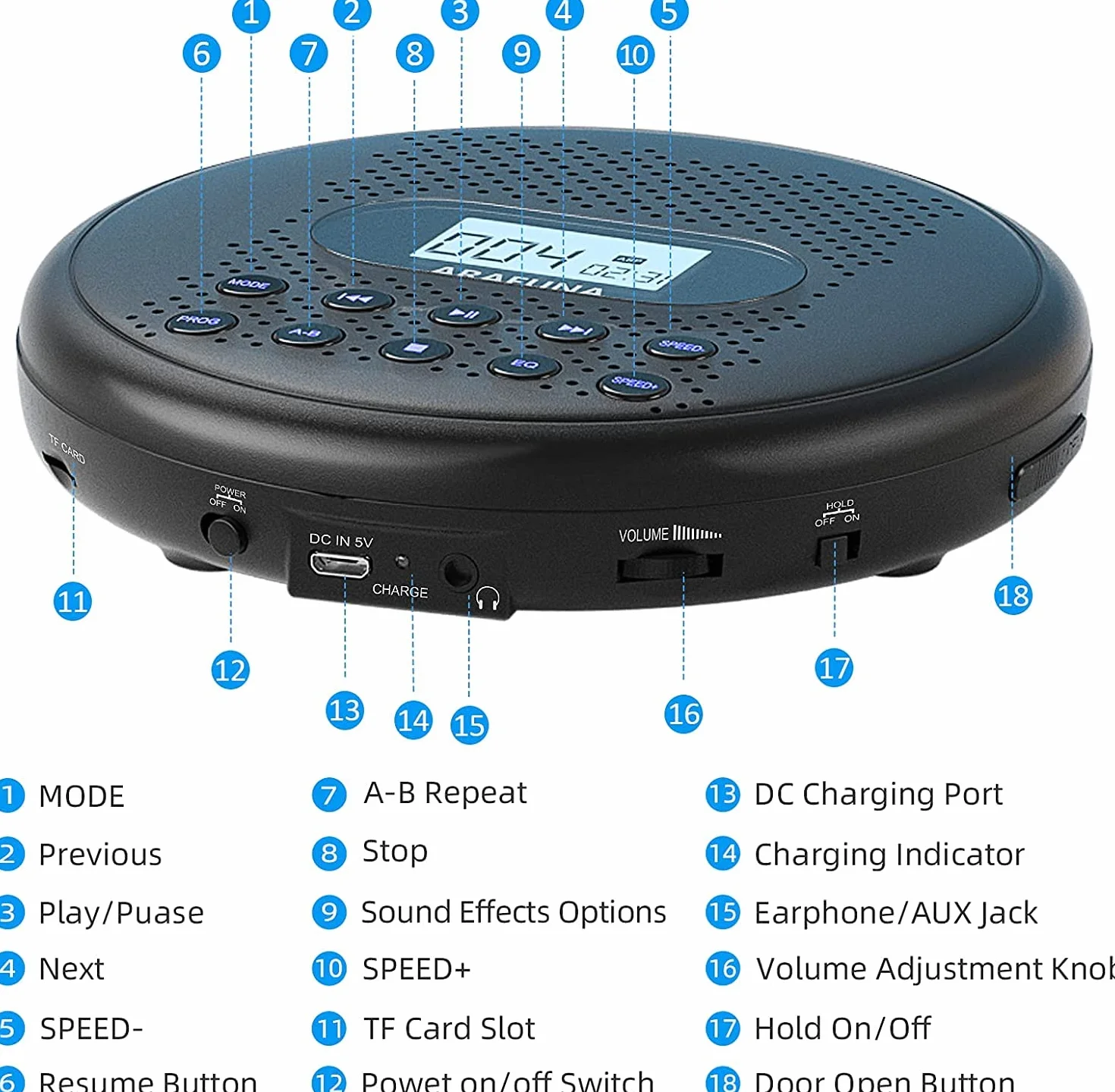 Lecteur CD Portable Arafuna avec Batterie Lithium 1400 mAh, Protection Anti-Saut, Casque et câble AUX