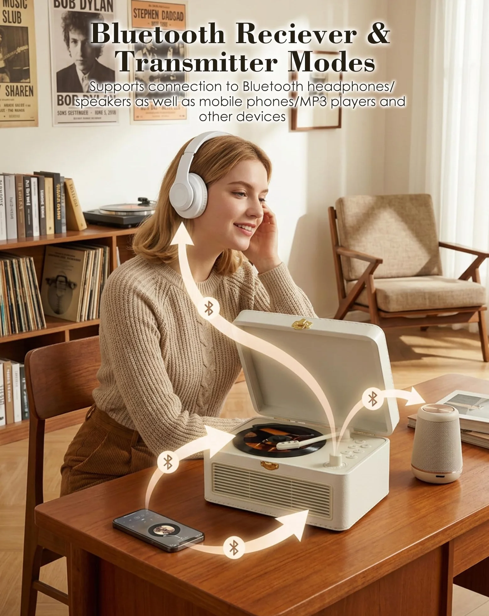 Lecteur CD Portable Bluetooth Radio Rétro avec Télécommande, Housse Antipoussière Cuir PU, Blanc