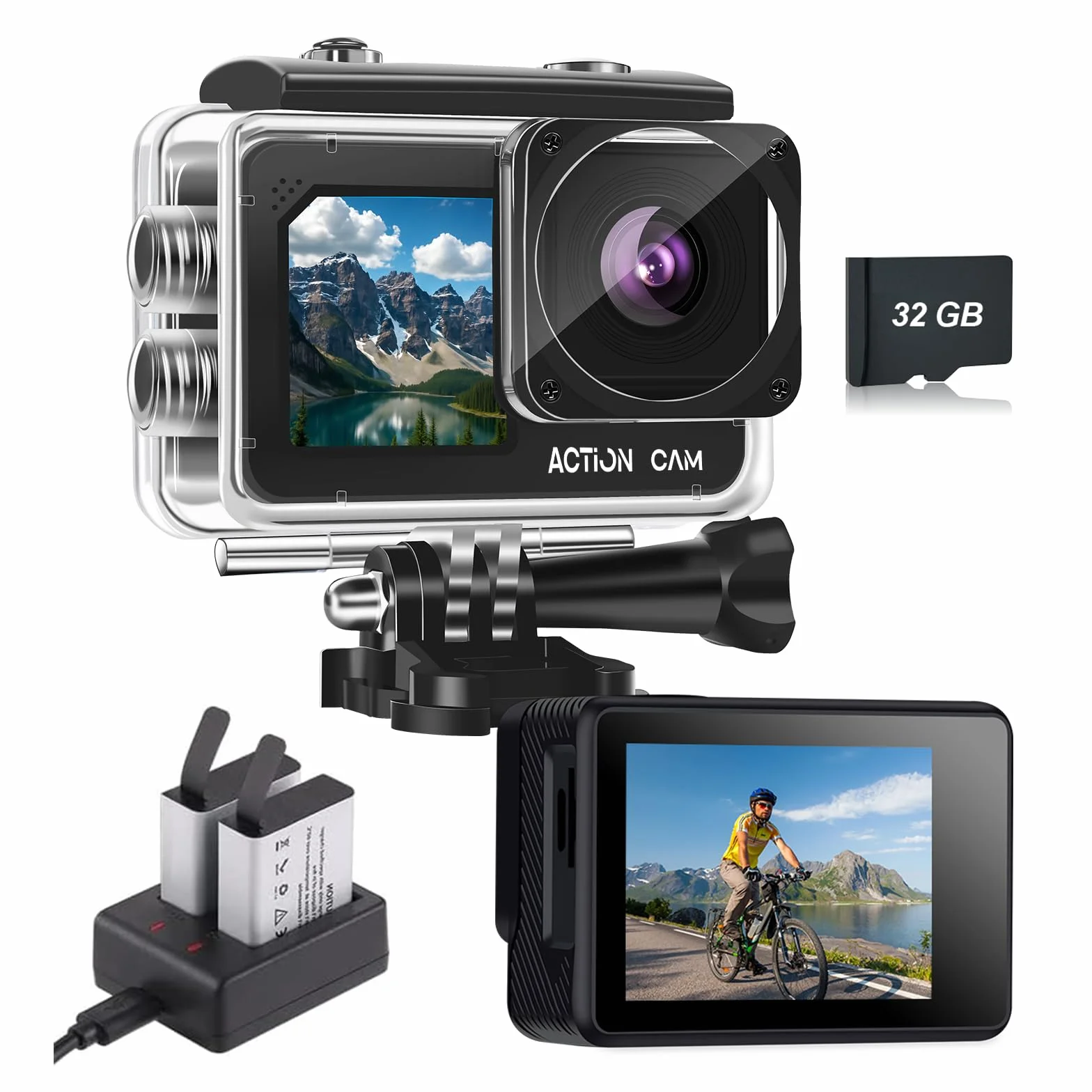 Caméra Sport 1080P FHD Waterproof Double Écran Étanche 40m 2 Batteries 1050 mAh Kit Accessoires