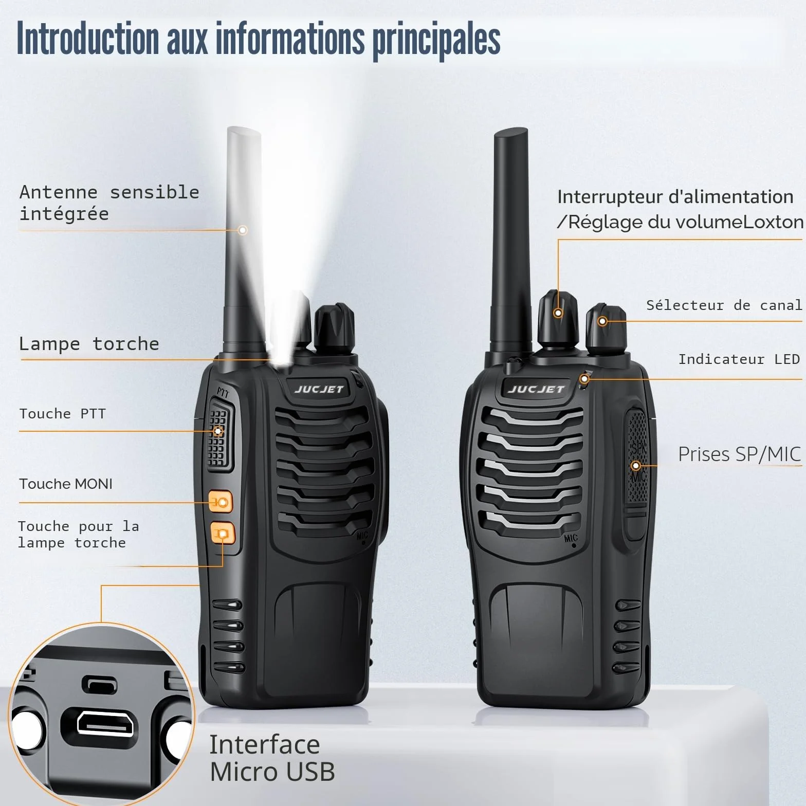 Walkie Talkie PMR446 16 Channel Handheld Radio Built-in LED Torch USB Headset Black 6 Pack