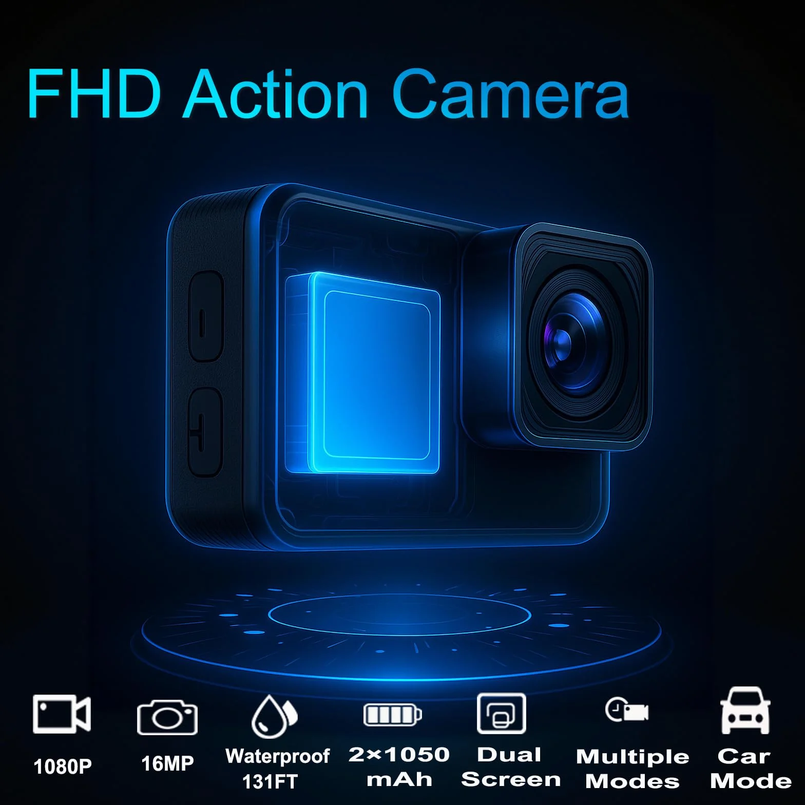 Caméra Sport 1080P FHD Waterproof Double Écran Étanche 40m 2 Batteries 1050 mAh Kit Accessoires