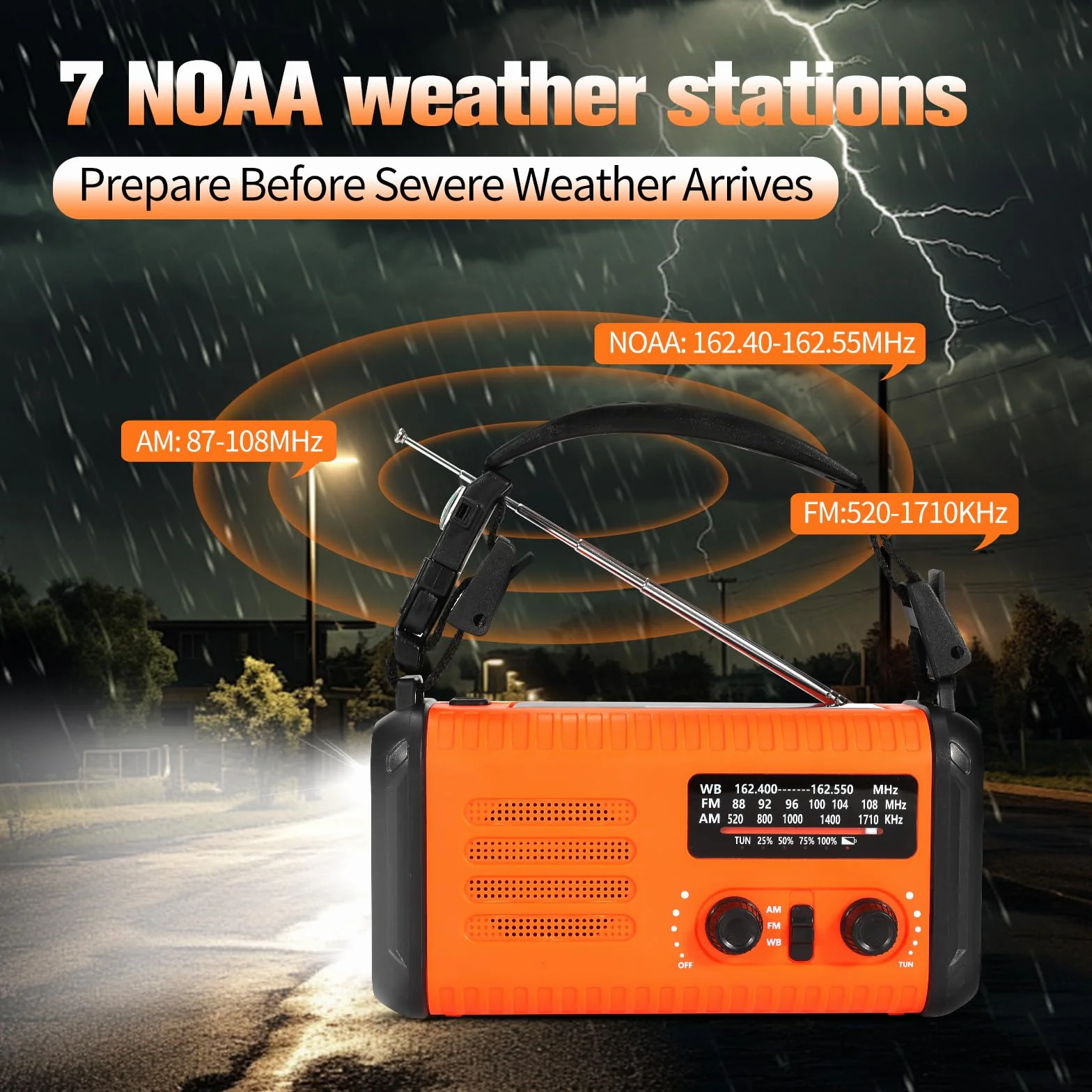Radio de Secours à manivelle 20000 mAh NOAA AM FM Solaire Portable avec Lampe Torche SOS Orange