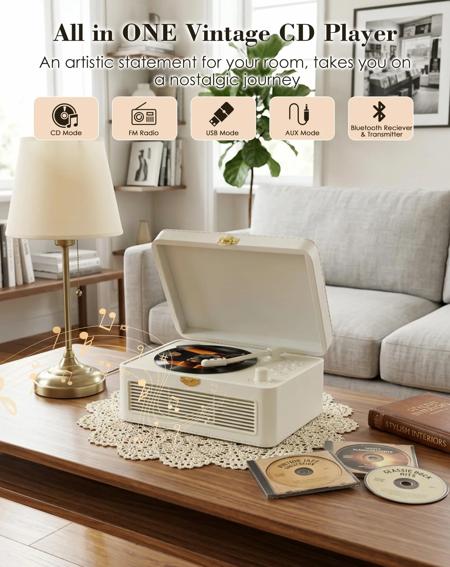 Lecteur CD Portable Bluetooth Radio Rétro avec Télécommande, Housse Antipoussière Cuir PU, Blanc