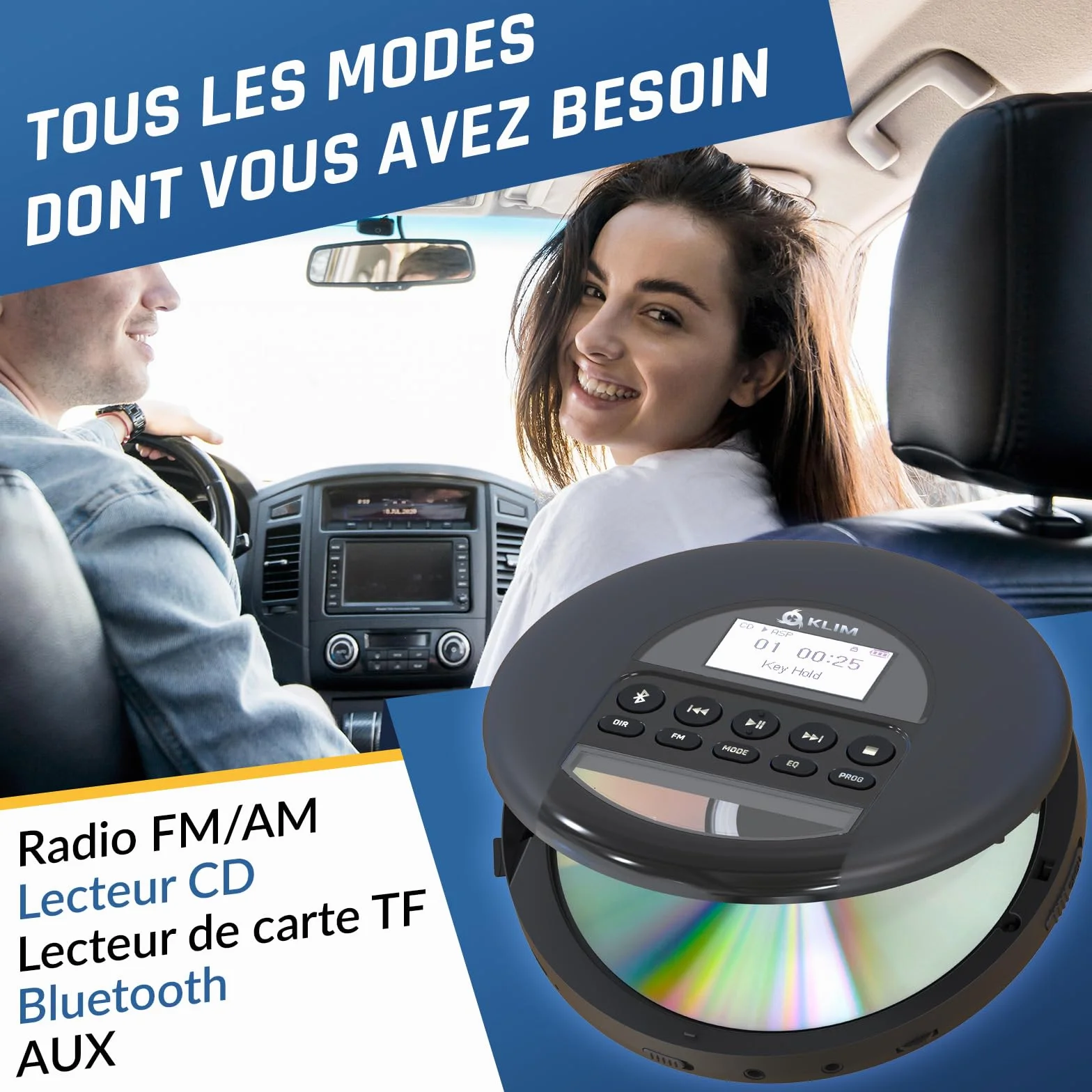 KLIM Nomad Lecteur CD Portable Bluetooth - Batterie Intégrée Longue Durée - Compatible CD-R, CD-RW, MP3 - Argent