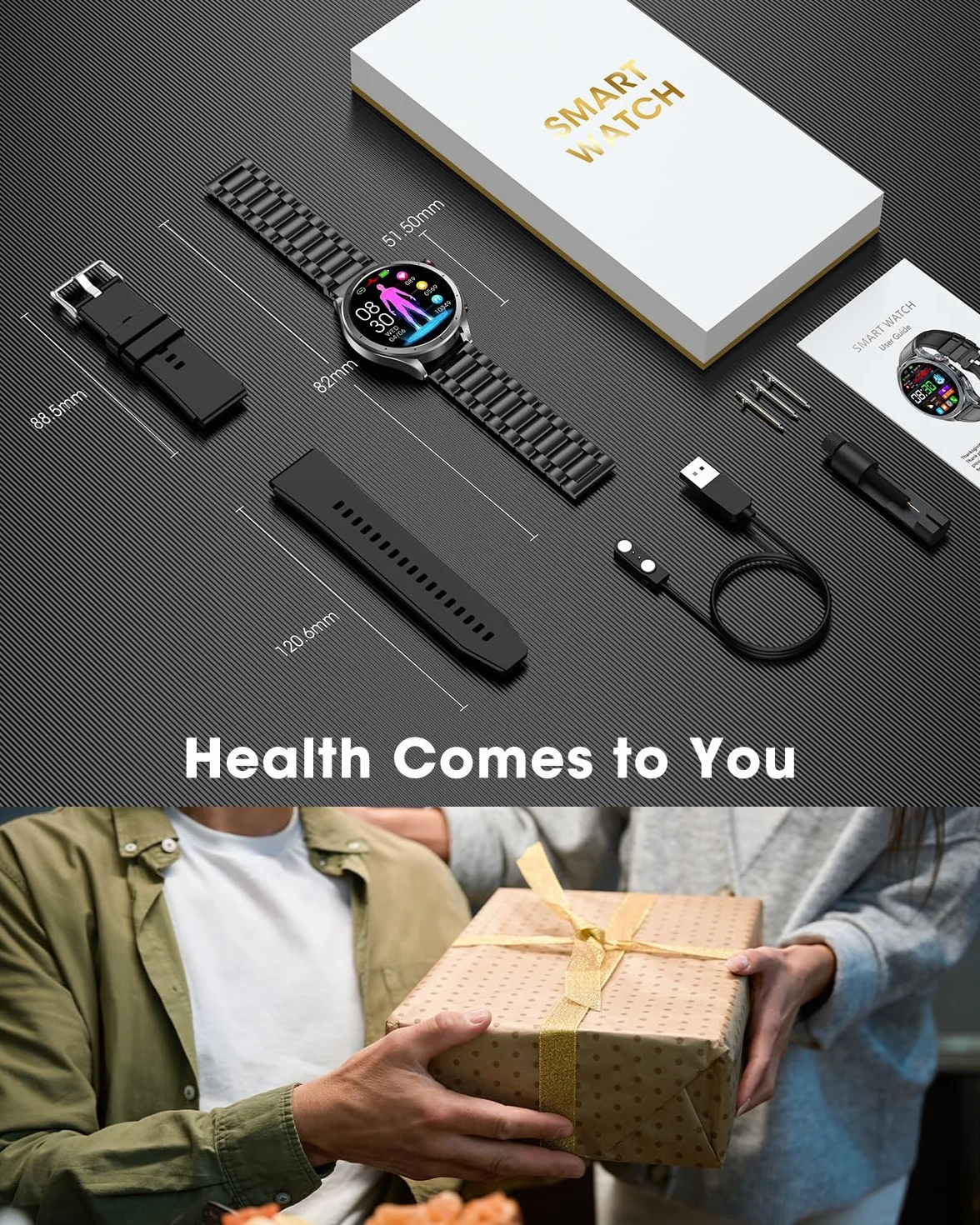Montre Connectée Homme ECG+HRV Smartwatch Tension Artérielle Fréquence Cardiaque 5ATM Étanche Noir