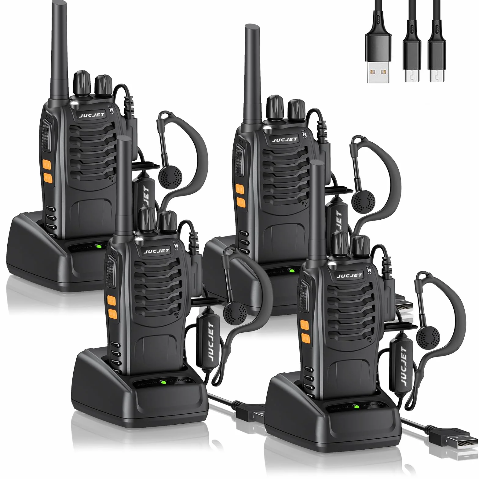 Talkie Walkie PMR446 Radio Portable Rechargeable 16 Canaux Mise à Niveau 88 E Version avec Écouteurs et Station de Charge USB (4 pièces)