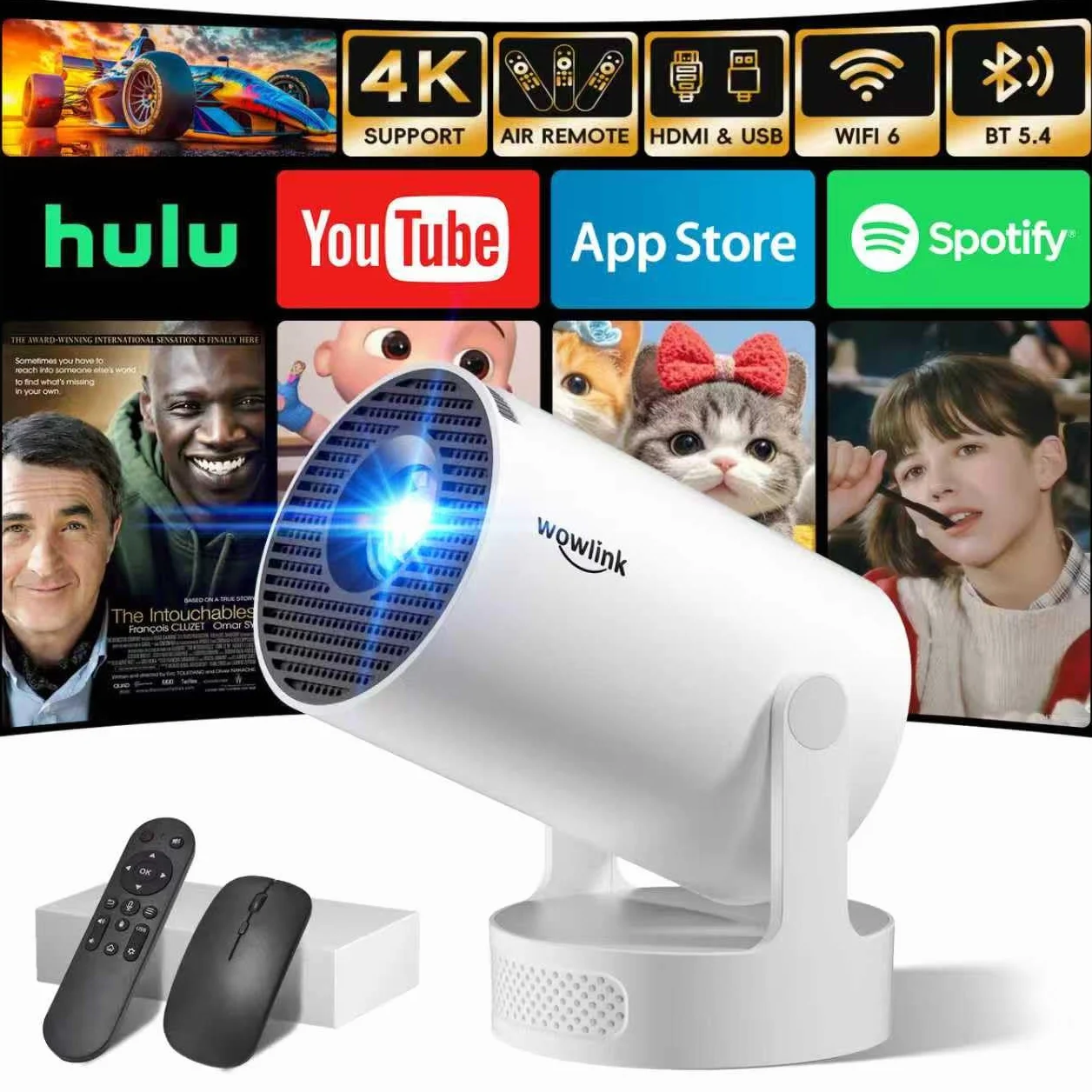 Vidéoprojecteur WiFi 6 Bluetooth 5.4 Mini Projecteur 4K 1080P Auto Keystone Rotation 180° HDMI TV Stick Laptop Blanc