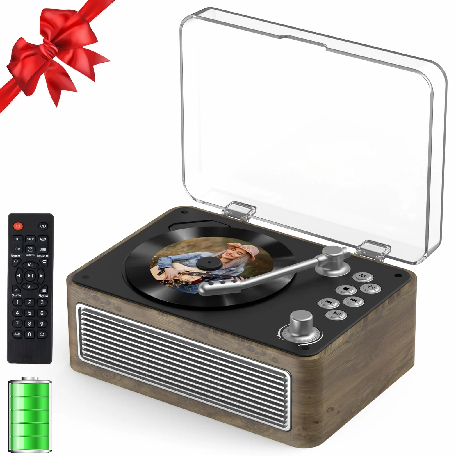 Lecteur CD Bluetooth Portable 3600mAh Rechargeable Vintage Bois de Chêne Radio FM avec Télécommande Prise USB AUX