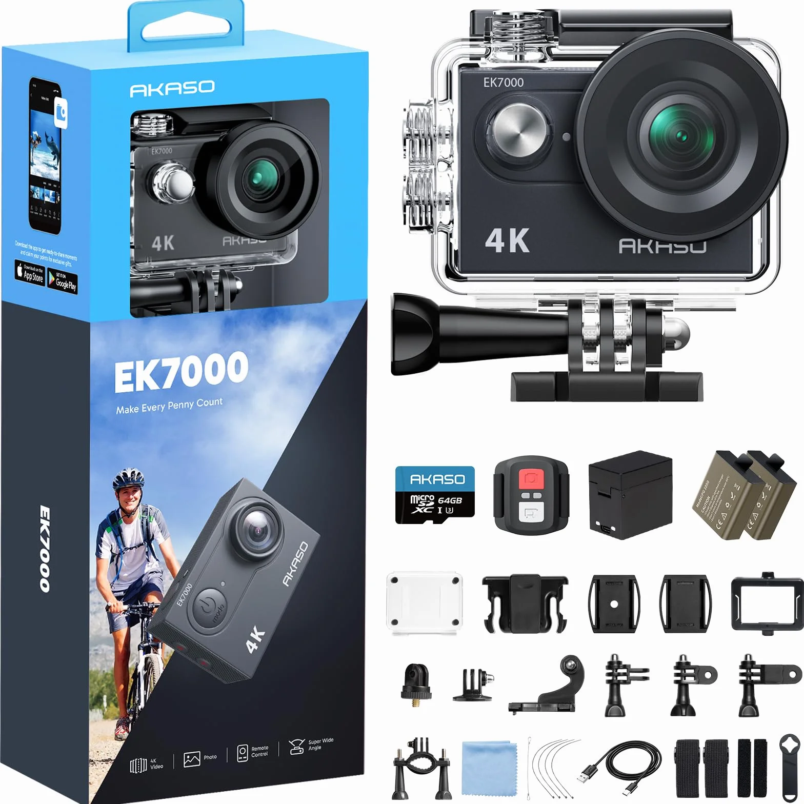 AKASO EK7000 Caméra Sport 4K 30fps 20MP WiFi Étanche 30M Stabilisation Grand Angle 170° Télécommande 2.4G