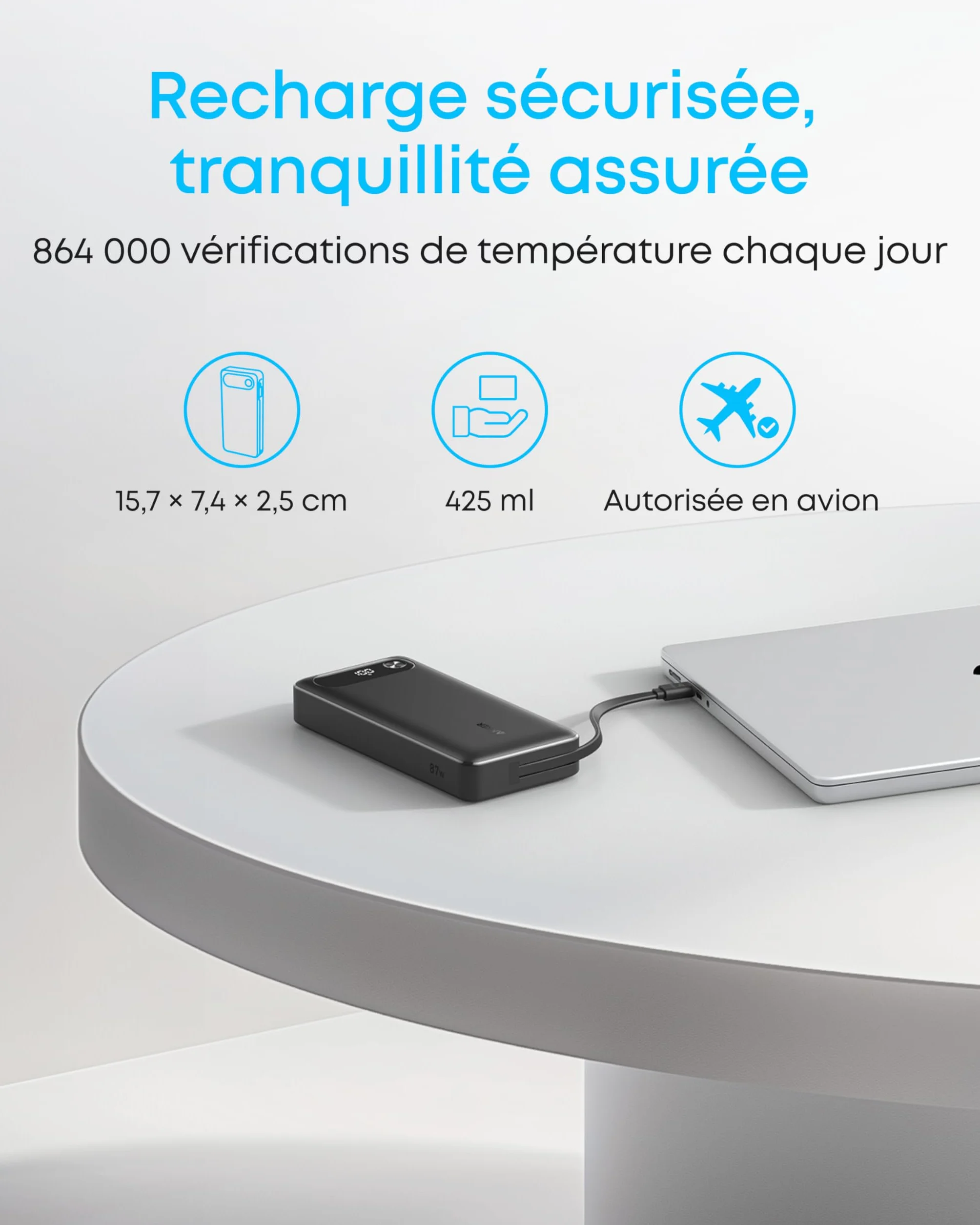 Anker Power Bank 20000 mAh 87W USB-C Intégré Charge Rapide Portable pour MacBook iPhone Samsung