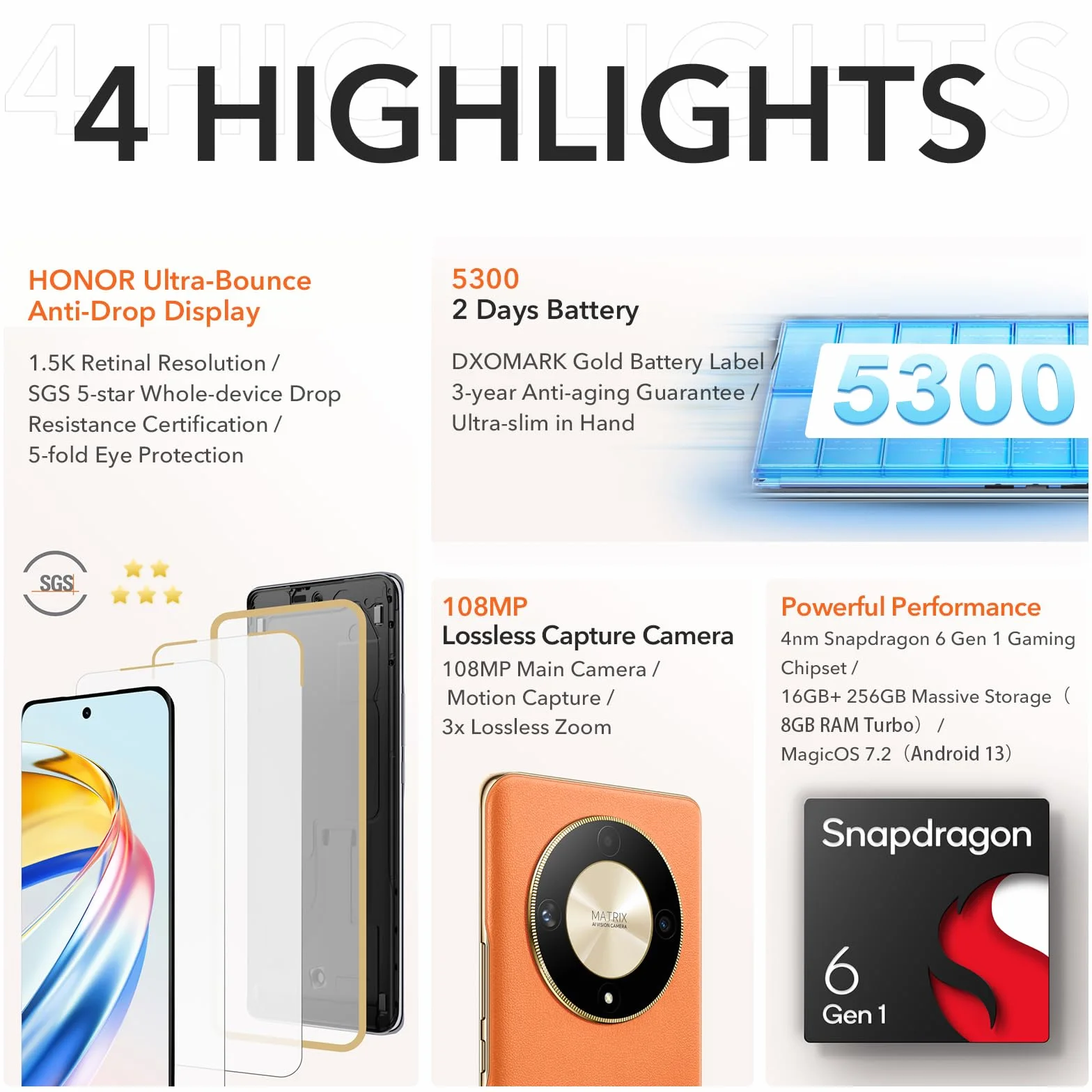 HONOR Magic6 Lite 5G Smartphone 8Go 256Go 6.78" 120Hz AMOLED écran incurvé 108MP Triple caméra arrière Android 13 Dual Sim NFC Vert Reconditionné